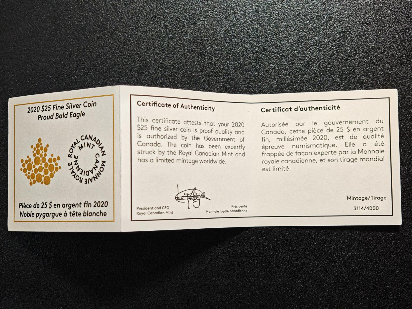 【德藏】世界币章拍卖第163期（拍品征集中~欢迎藏友联系） 2020年 加拿大秃鹰25元高浮雕精制纪念银币 成色999银 直径36mm 重量31.62g 原盒 原证书