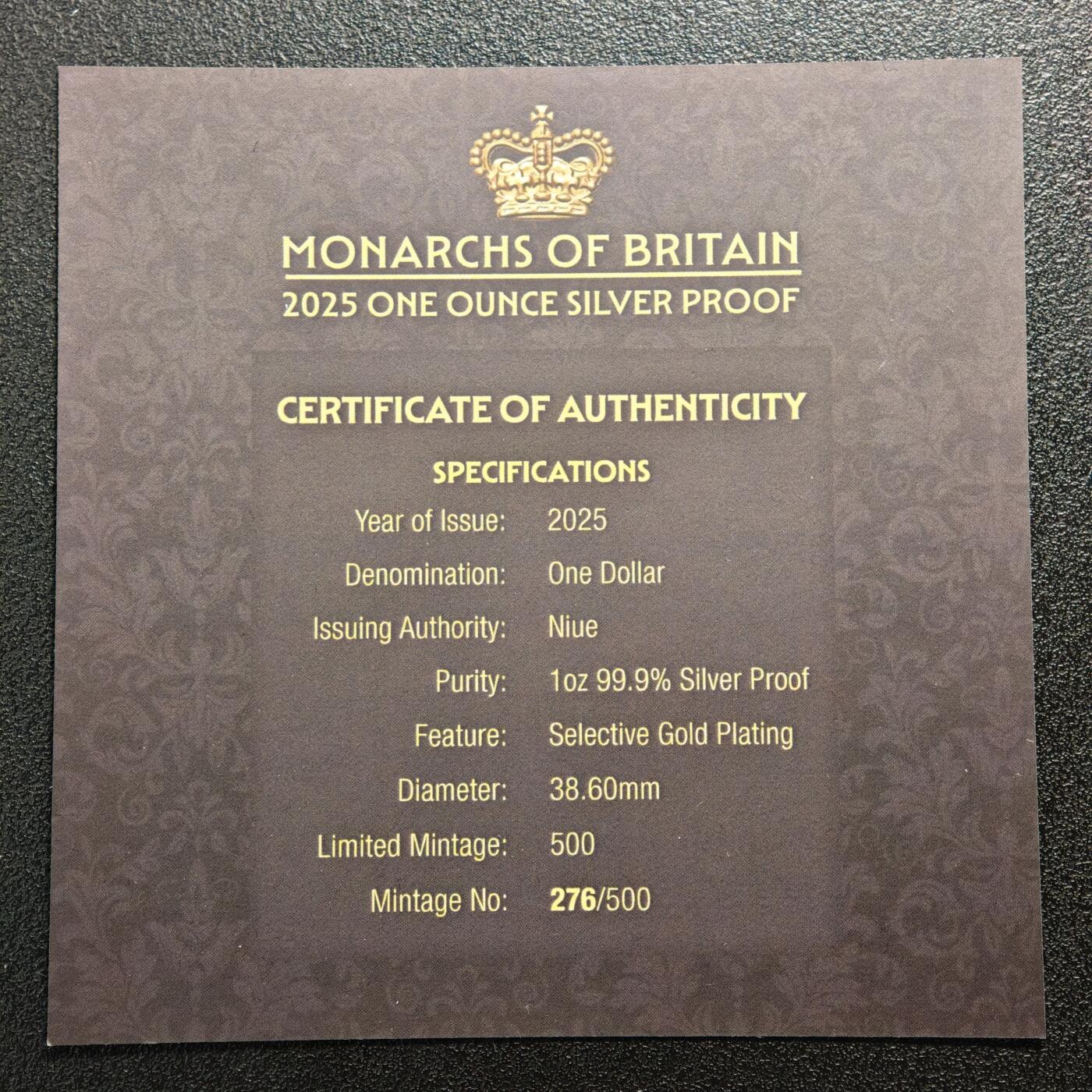 【德藏】世界币章拍卖第163期（拍品征集中~欢迎藏友联系） 2025年 纽埃英国君主局部镀金1元精制纪念银币 原盒 带证书 1盎司 999银 发行量500枚