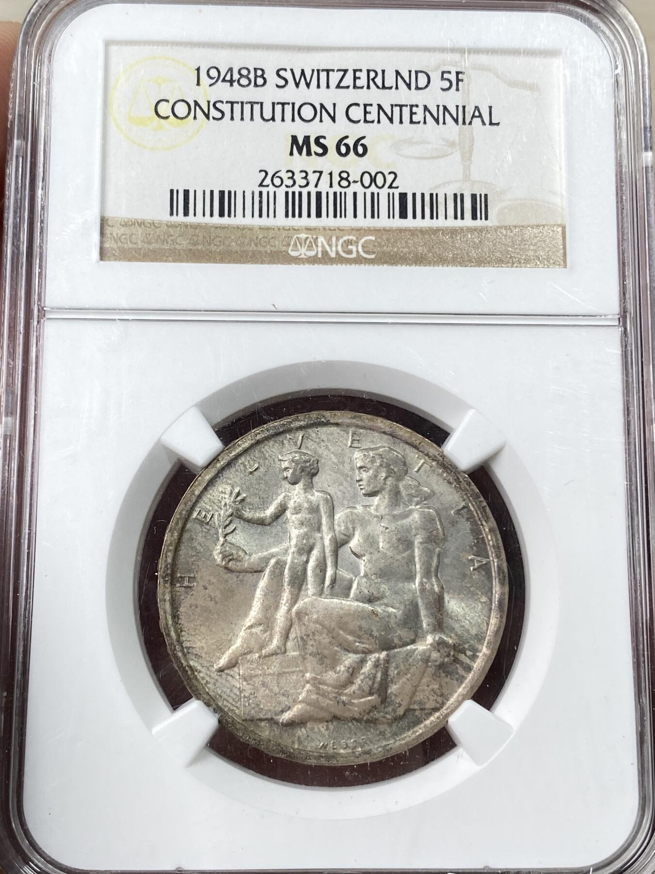 万国钱币拍卖第060期（万国六十期纪念大拍） NGC MS66 1948瑞士联邦宪法百年纪念5法郎银币 伯尔尼造币厂铸 NGC老盒淡彩GEM品质 