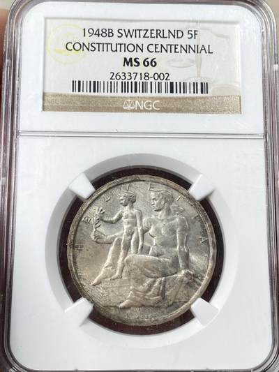 万国钱币拍卖第060期（万国六十期纪念大拍） - NGC MS66 1948瑞士联邦宪法百年纪念5法郎银币 伯尔尼造币厂铸 NGC老盒淡彩GEM品质 