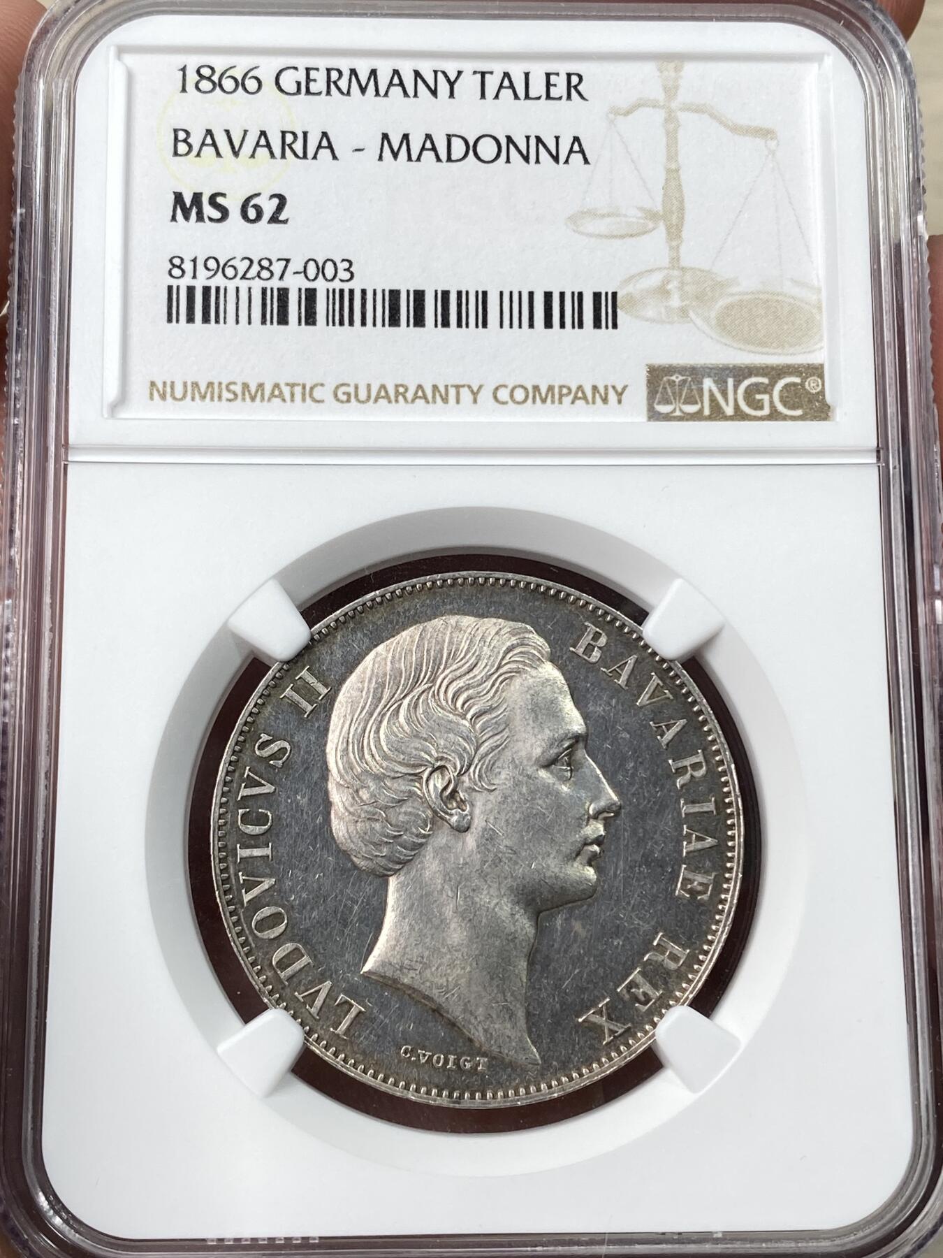 万国钱币拍卖第060期（万国六十期纪念大拍） NGC MS62 1866德国巴伐利亚路德维希二世圣母抱婴泰勒 经典品种 G.Voigt名家之作 浮雕喷砂质感