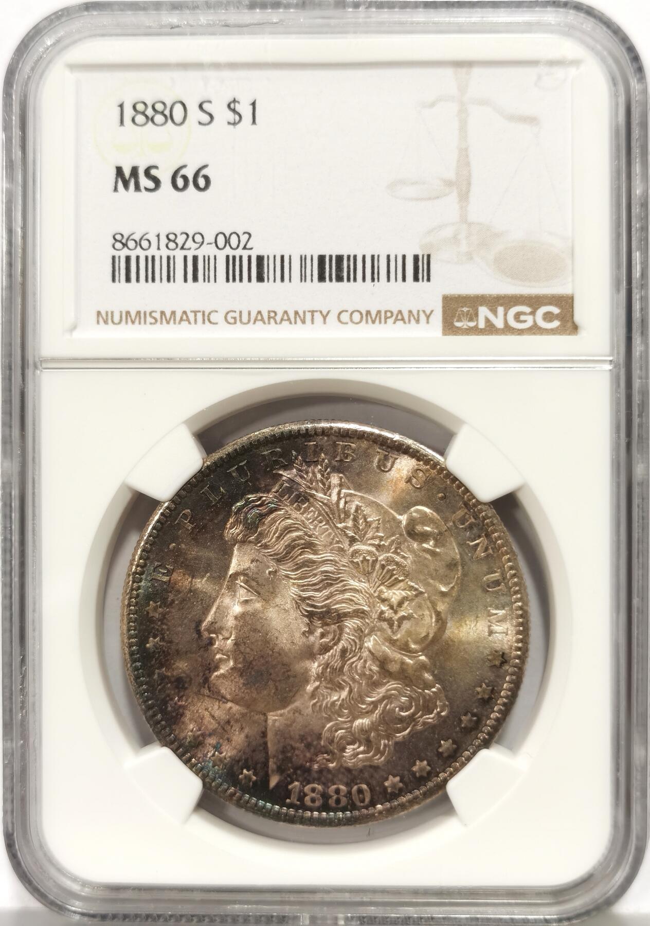 博洋堂世界钱币拍卖第159期（全场包邮） NGC MS66 美国1880 S 摩根 双面五彩包浆