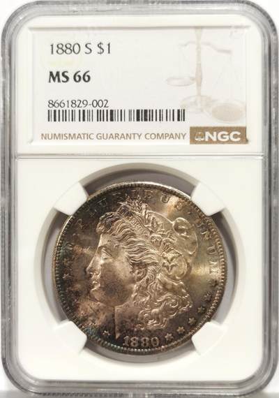 博洋堂世界钱币拍卖第159期（全场包邮） - NGC MS66 美国1880 S 摩根 双面五彩包浆