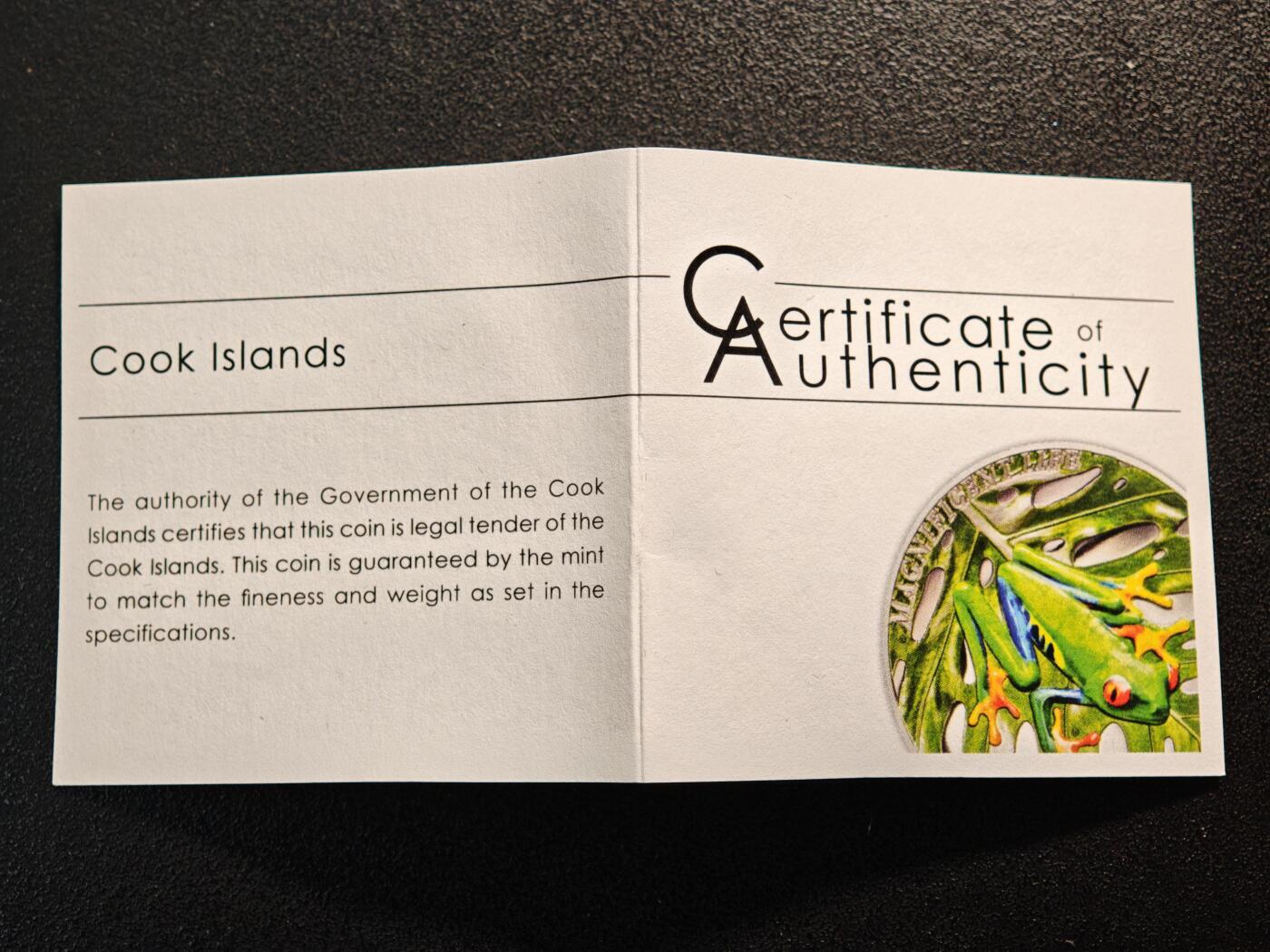 【德藏】世界币章拍卖第163期（拍品征集中~欢迎藏友联系）  2018年 库克群岛树蛙彩色精制纪念银币 999银 直径约：38.61mm；重约：1盎司 原盒 原证书