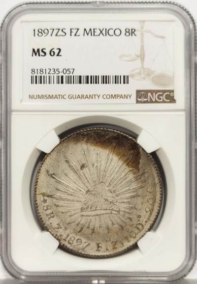 博洋堂世界钱币拍卖第159期（全场包邮） - NGC MS62 墨西哥1897年ZS FZ版花边鹰洋，关门年份，原味窖藏状态，极美月牙包浆