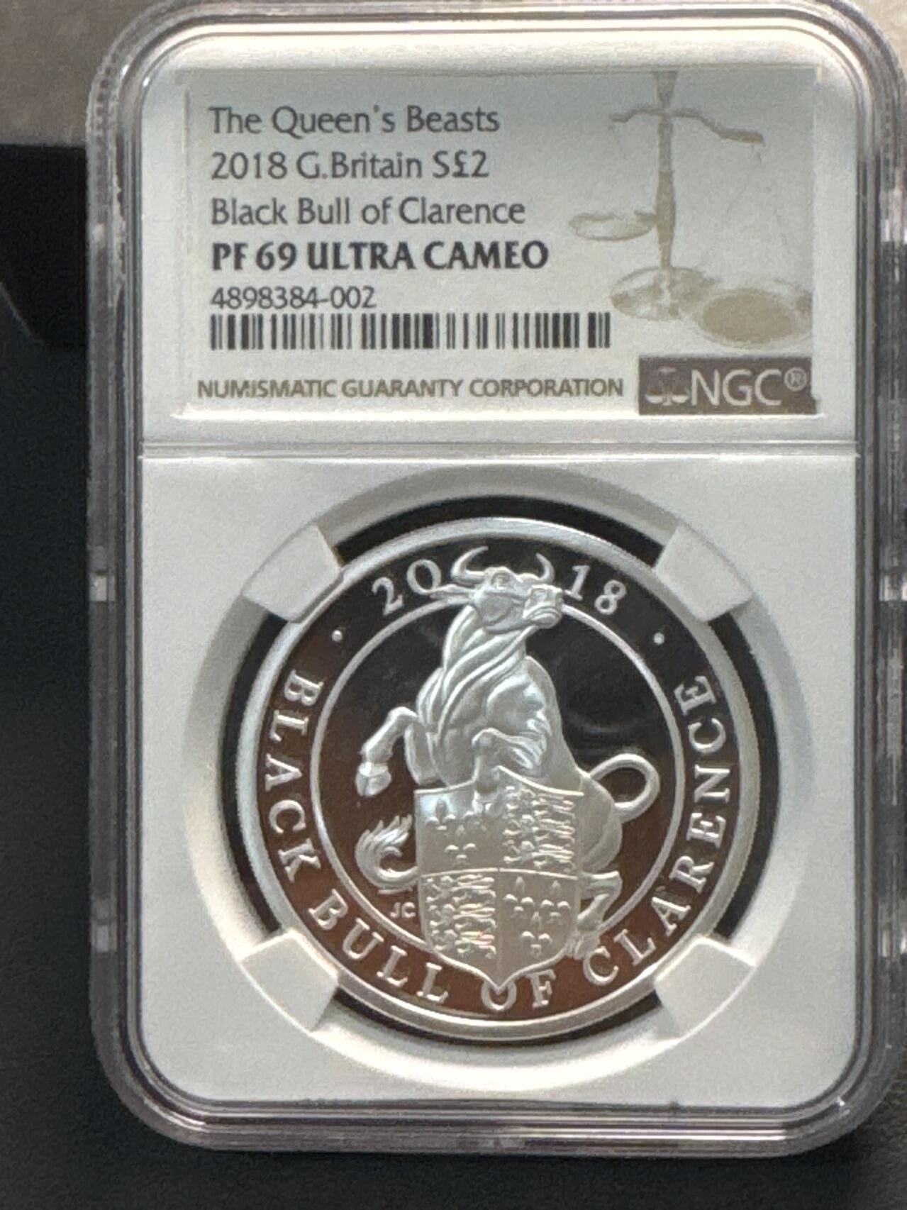 ❤️【币观天下】❤️ 第341期钱币拍卖- 2026.1.30周五晚上6点半场-长期征集拍品 春节前最后一场本场不能存放 节后恢复拍卖 英国2018年女王神兽系 克拉伦斯黑牛1盎司精制银币(999银) NGC PF69UC 盒证齐全