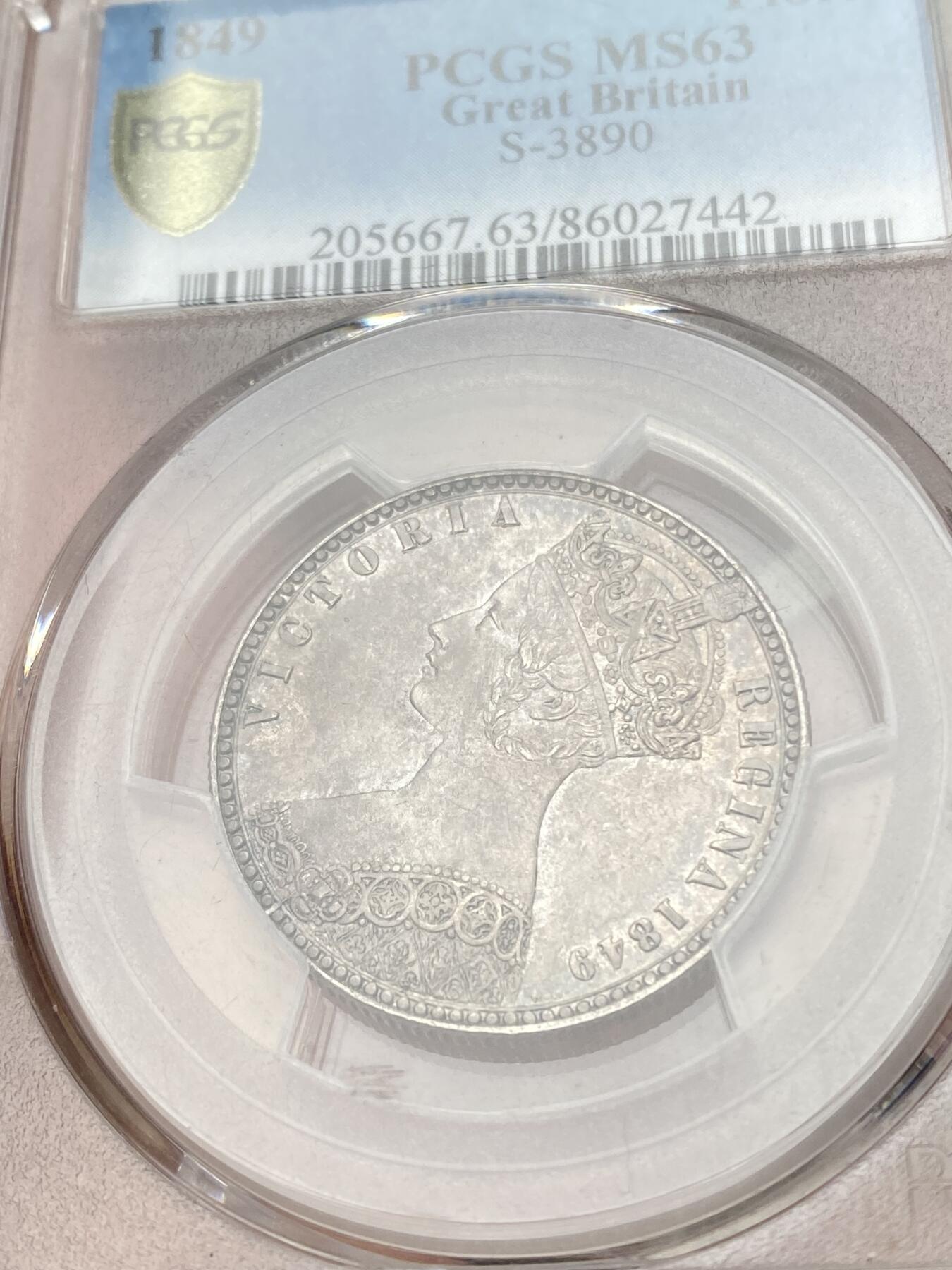 万国钱币拍卖第060期（万国六十期纪念大拍） PCGS MS63 1849年英国维多利亚女王无神弗洛林 热度居高不下的品种 深打原光纸袋包浆 状态极其舒适的典藏级品质
