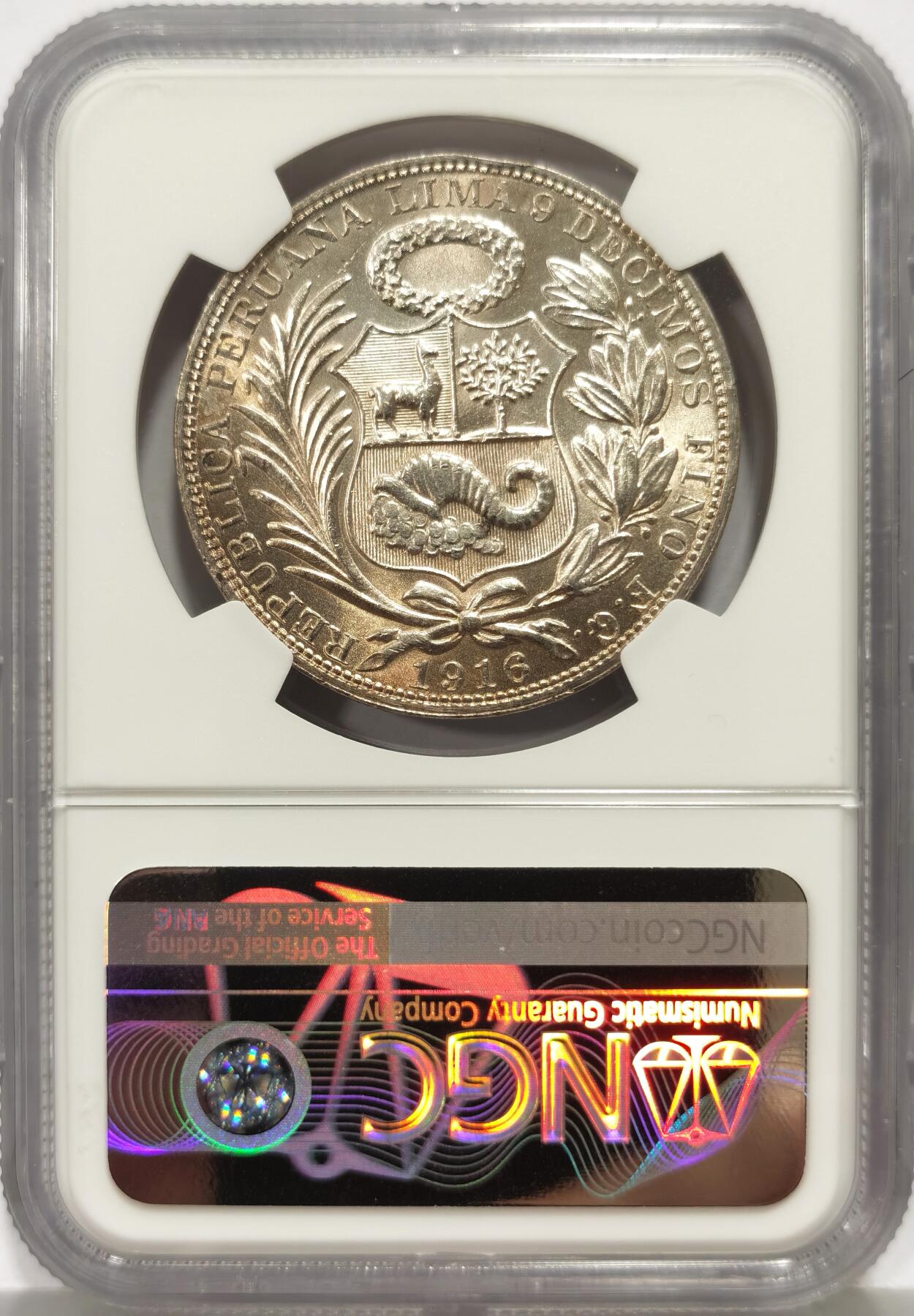 博洋堂世界钱币拍卖第159期（全场包邮） NGC UNCD 秘鲁1916年坐洋自由女神一索尔银币高银版，原汁原味老包浆，包浆醇厚，极美黄油彩，状态极佳，疑似错杀评级。