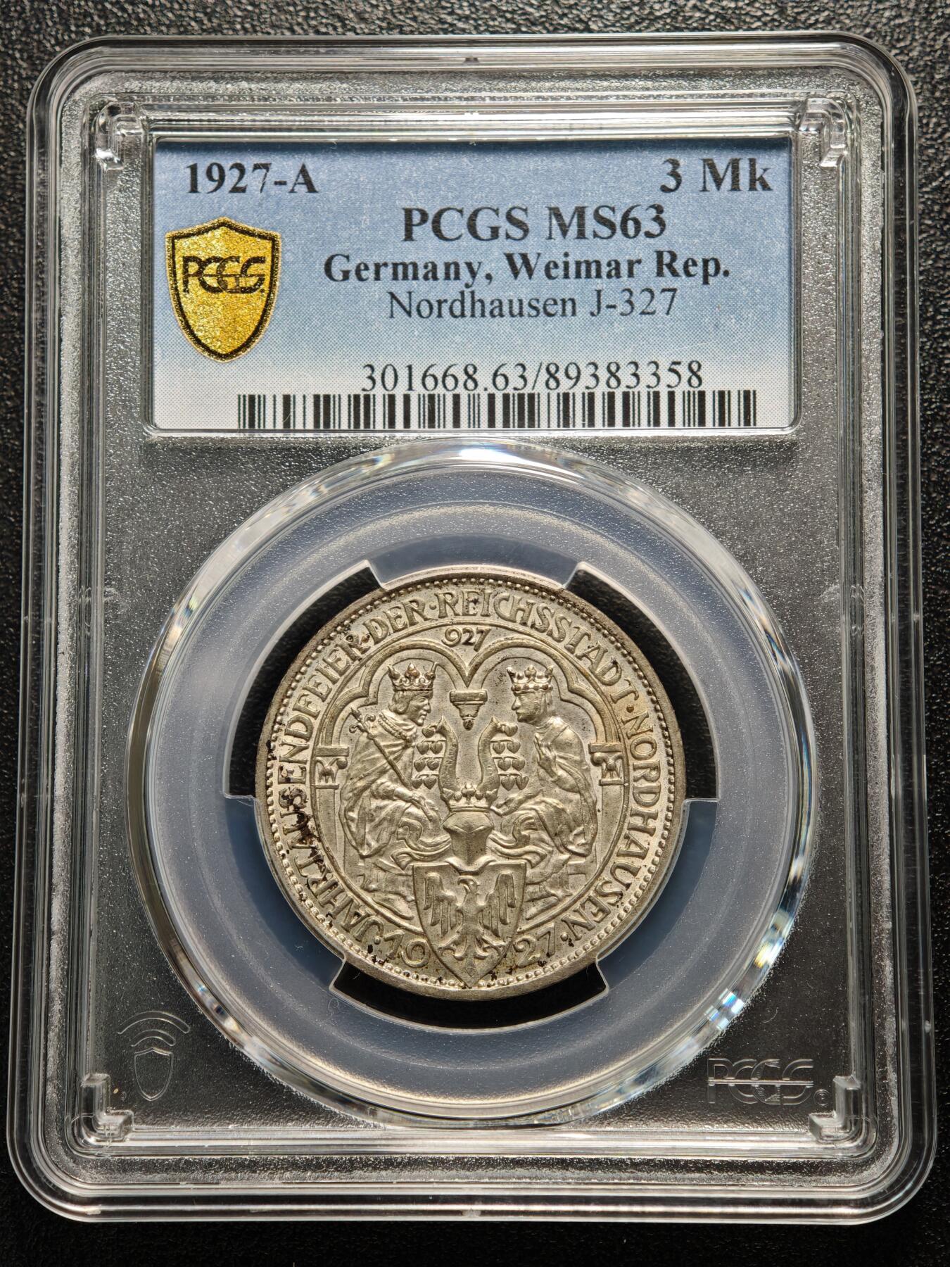 【德藏】世界币章拍卖第163期（拍品征集中~欢迎藏友联系） 1927年 德国魏玛诺德豪森建城千周年纪念3马克银币 PCGS MS63 稀少品种 淡黄油包浆
