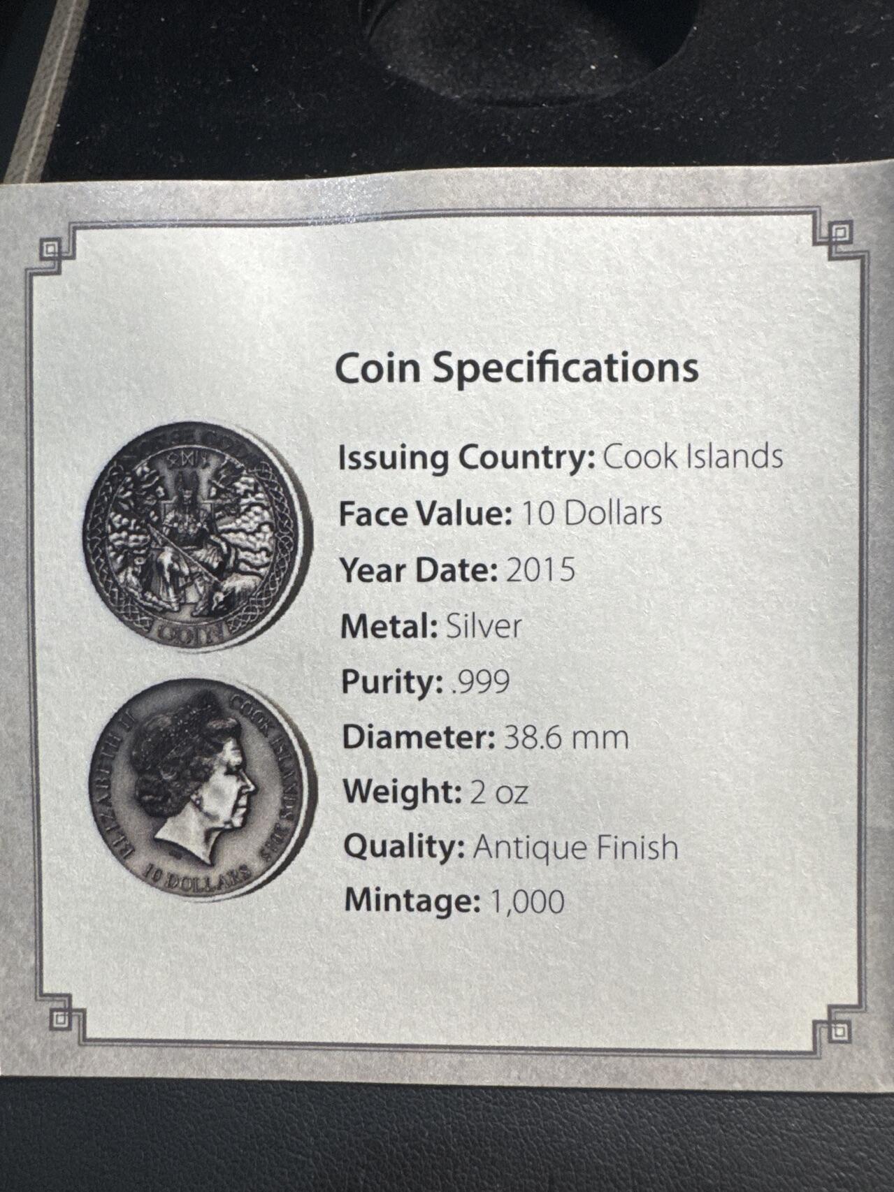 ❤️【币观天下】❤️ 第341期钱币拍卖- 2026.1.30周五晚上6点半场-长期征集拍品 春节前最后一场本场不能存放 节后恢复拍卖 2015年库克群岛北欧神话系列-主神奥丁2盎司高浮雕精制仿古银币，面值10元，成色999银，盒证齐全，品相全新