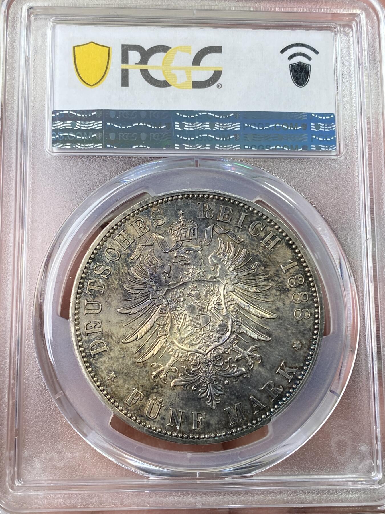 万国钱币拍卖第060期（万国六十期纪念大拍） PCGS MS62 1888德国普鲁士三皇年弗雷德里希三世流通短翅5马克银币 打制锋利厚重黑五彩包浆极美