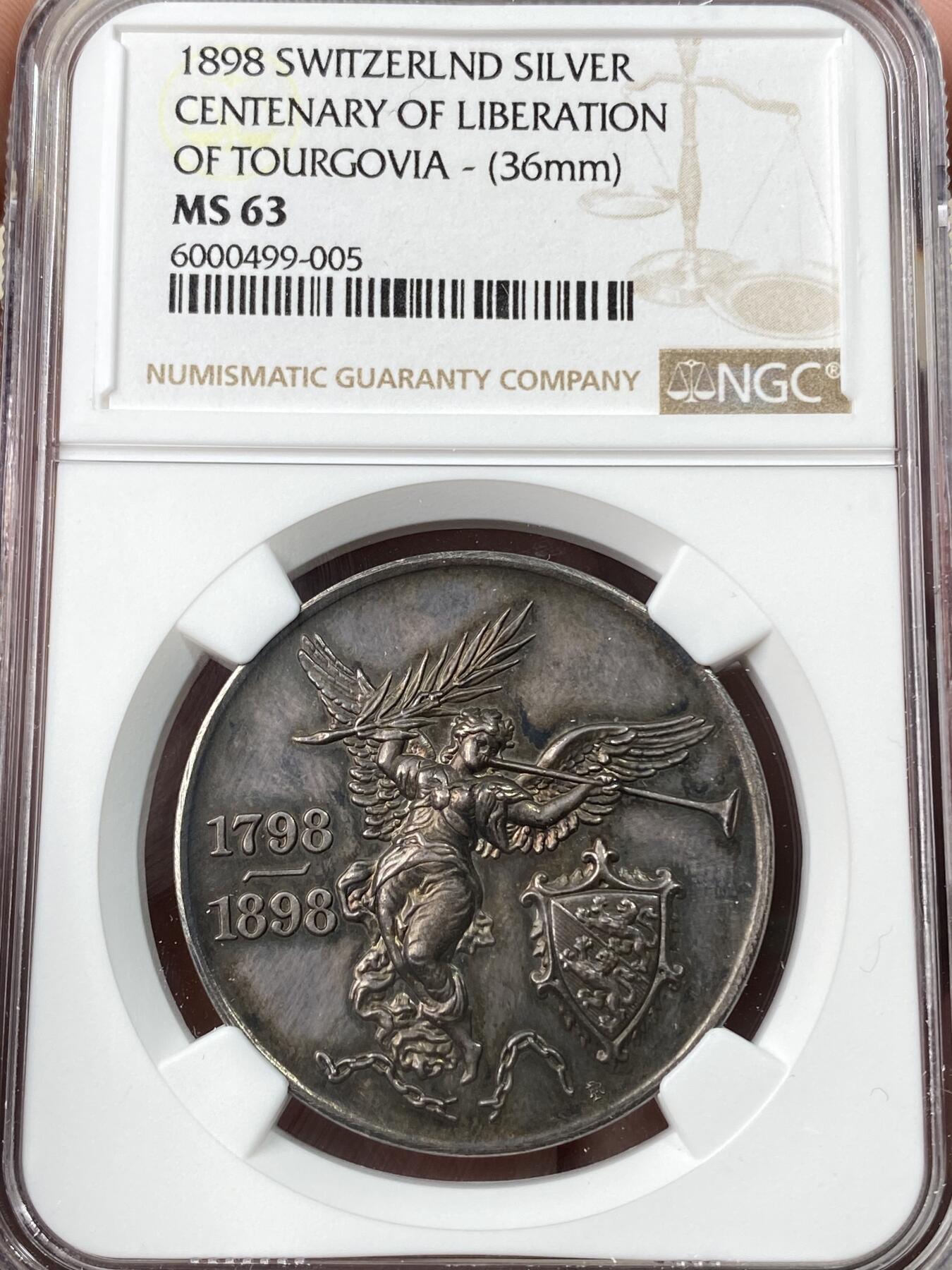 万国钱币拍卖第060期（万国六十期纪念大拍） NGC MS63 1898年瑞士联邦图尔高解放百周年纪念大银章 瑞士女神吹响解放号角 欧陆深五彩
