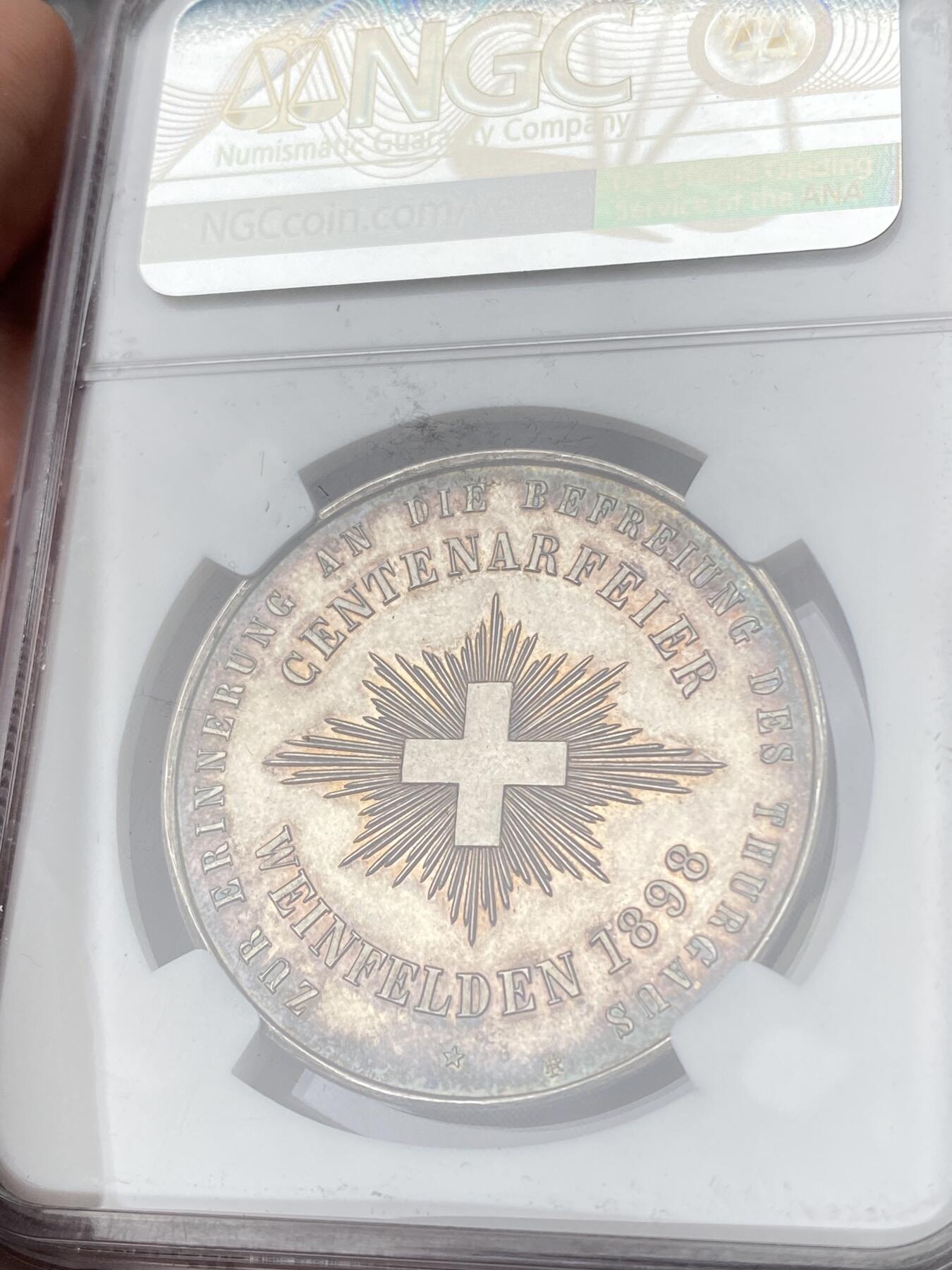 万国钱币拍卖第060期（万国六十期纪念大拍） NGC MS63 1898年瑞士联邦图尔高解放百周年纪念大银章 瑞士女神吹响解放号角 欧陆深五彩