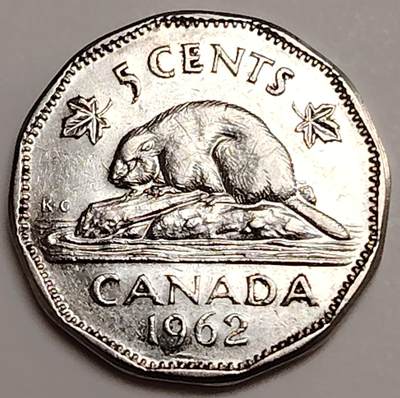 布加迪🐬～世界钱币(上海)🌾第 272 期 /  各国套币和散币 - 加拿大🇨🇦 1962年 5分 海狸图案 21.2mm ~L7