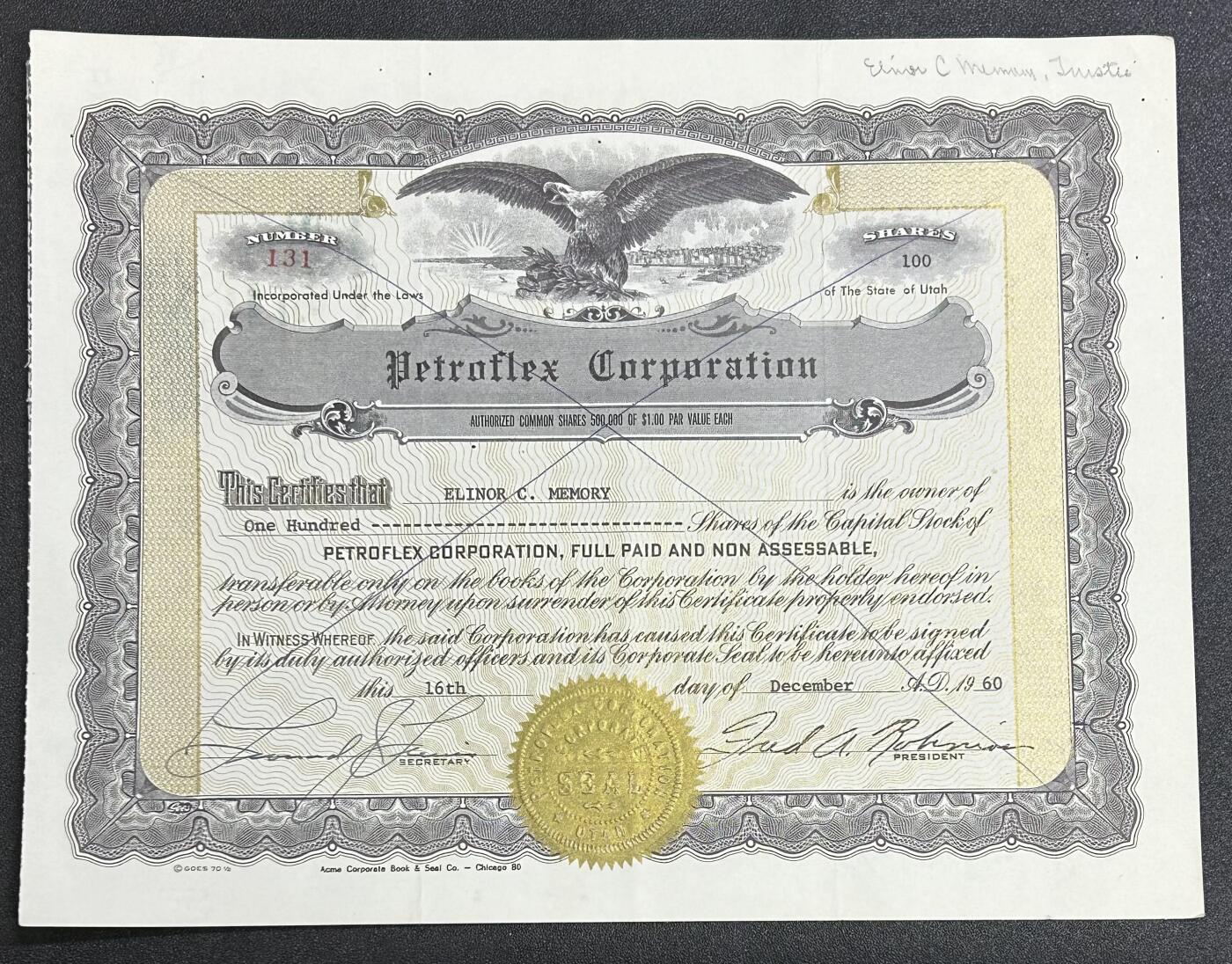 西秦中古拍卖第七十四期 美国1960年100股股票