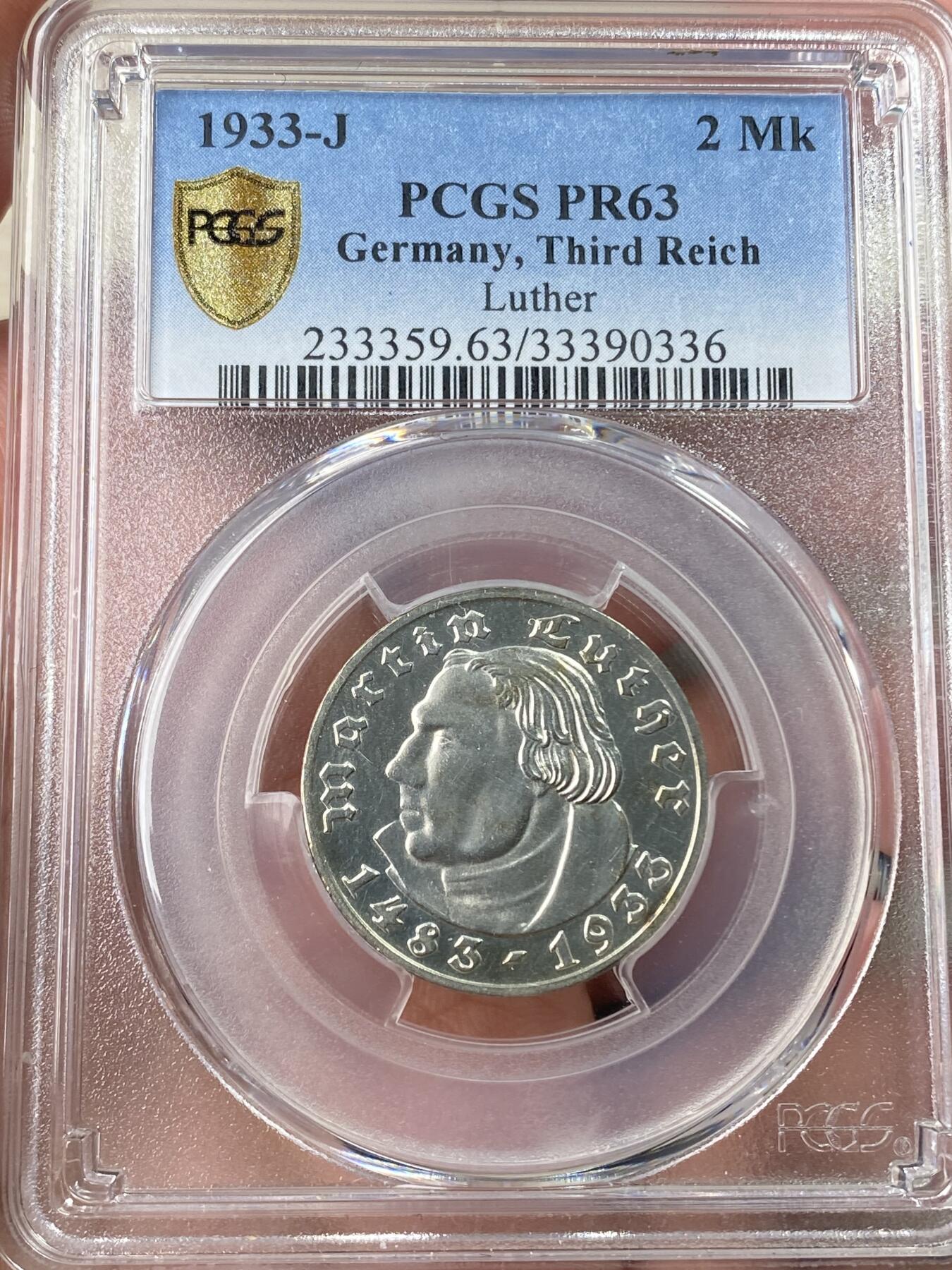 万国钱币拍卖第060期（万国六十期纪念大拍） PCGS PR63 1933德国社会主义工人党时期马丁路德精制2马克银币 纪念马丁路德诞辰450周年 精铸镜面 PC唯一冠军