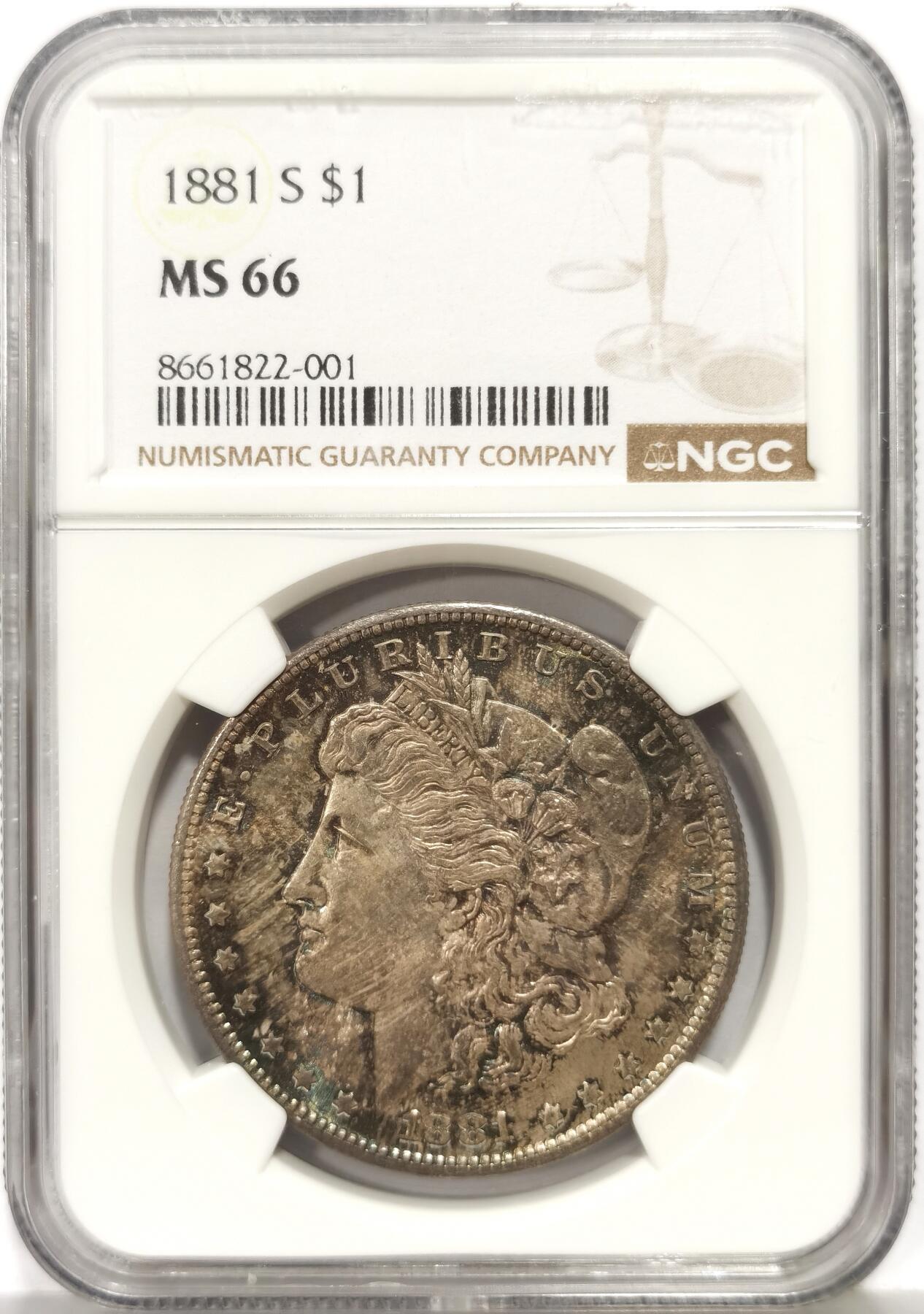 博洋堂世界钱币拍卖第159期（全场包邮） NGC MS66 美国1881 S 摩根 双面五彩包浆