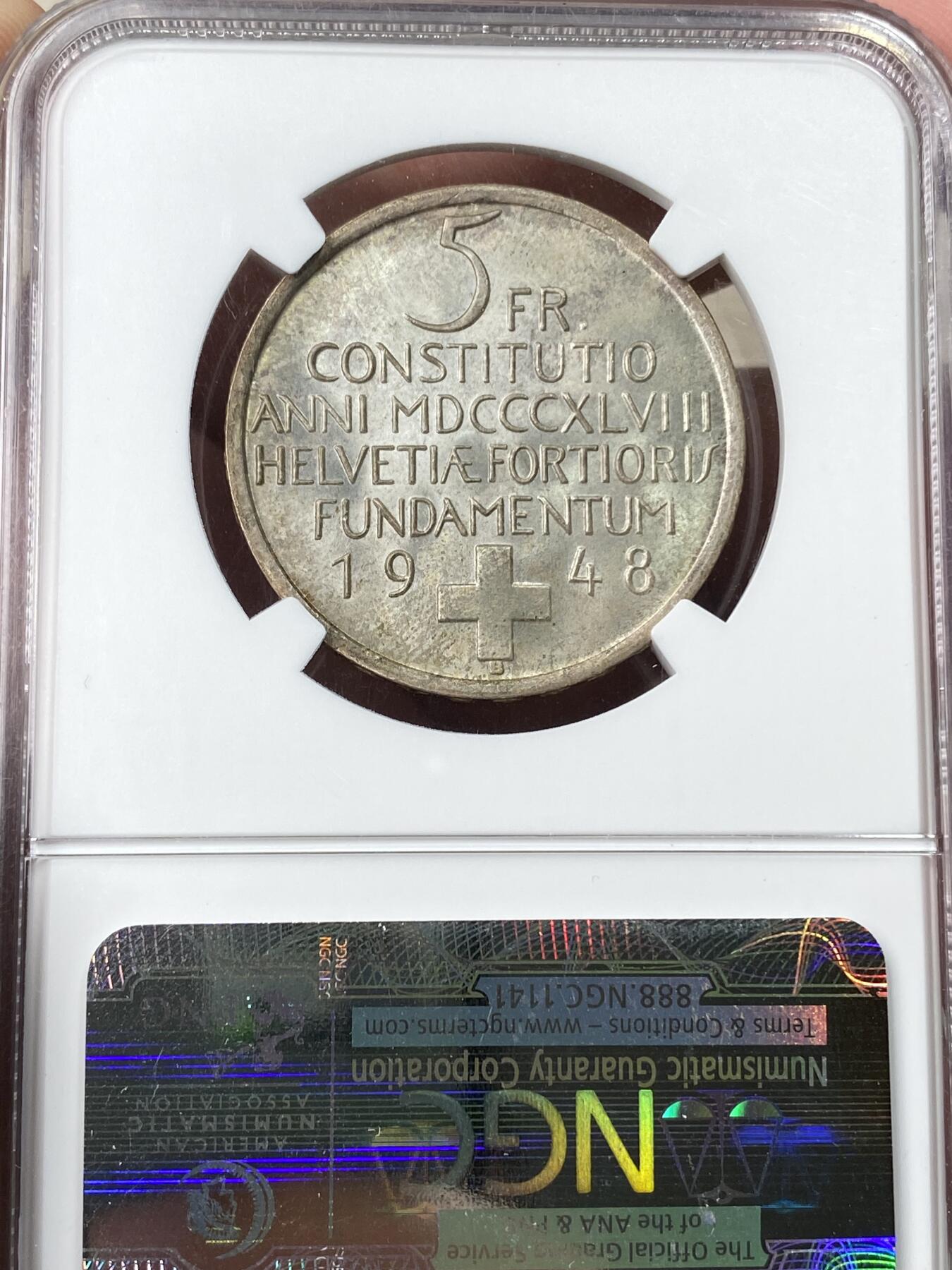 万国钱币拍卖第060期（万国六十期纪念大拍） NGC MS66 1948瑞士联邦宪法百年纪念5法郎银币 伯尔尼造币厂铸 NGC老盒淡彩GEM品质 