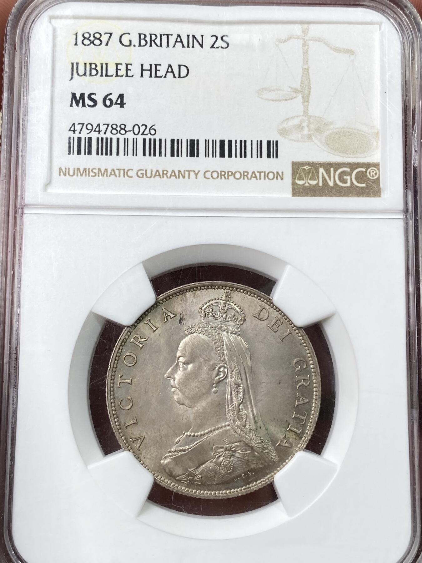 万国钱币拍卖第060期（万国六十期纪念大拍） NGC MS64 1887英国维多利亚高冠2先令银币 极美丝绸光英伦淡彩环绕