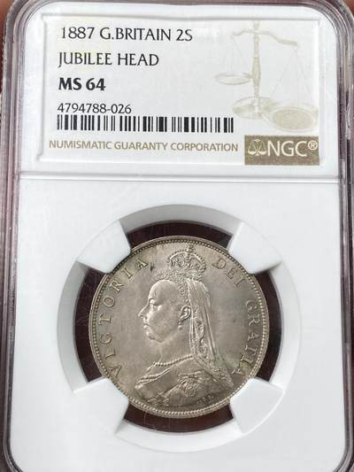万国钱币拍卖第060期（万国六十期纪念大拍） - NGC MS64 1887英国维多利亚高冠2先令银币 极美丝绸光英伦淡彩环绕