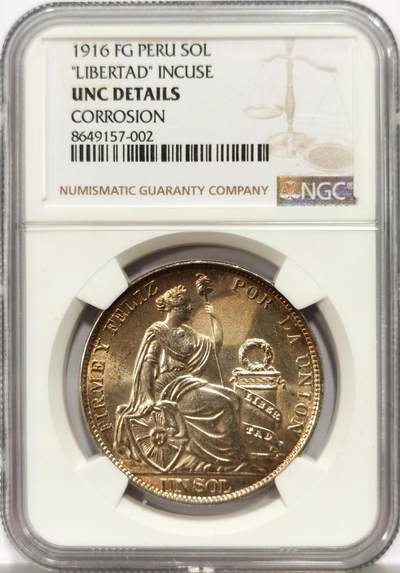 博洋堂世界钱币拍卖第159期（全场包邮） - NGC UNCD 秘鲁1916年坐洋自由女神一索尔银币高银版，原汁原味老包浆，包浆醇厚，极美黄油彩，状态极佳，疑似错杀评级。