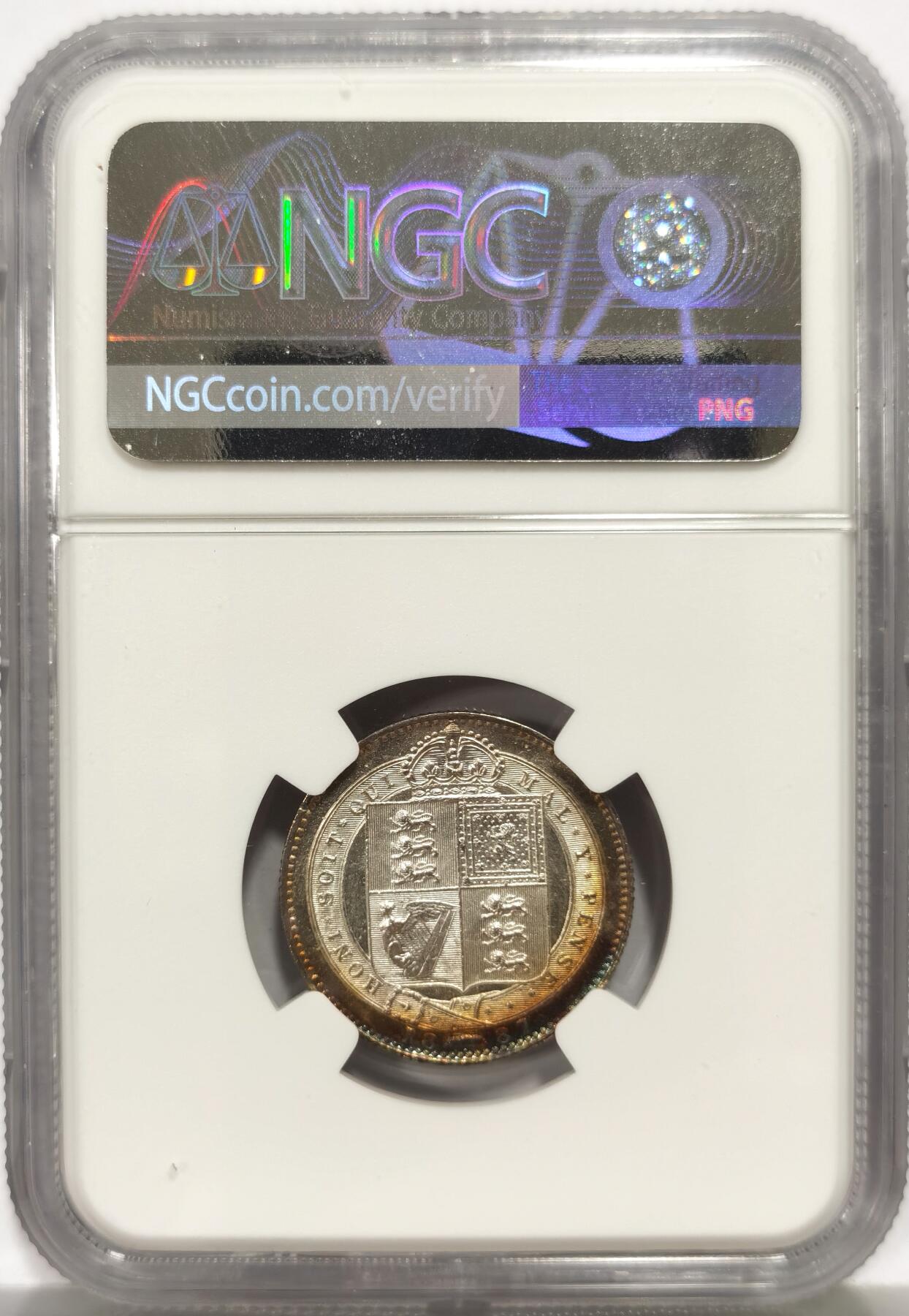 博洋堂世界钱币拍卖第159期（全场包邮） NGC MS61 英国1887年维多利亚女王高冠1先令银币，原汁原味老包浆，包浆醇厚浓郁，味道绝，人物，头像，图案栩栩如生，小巧精致，极美五彩包浆。