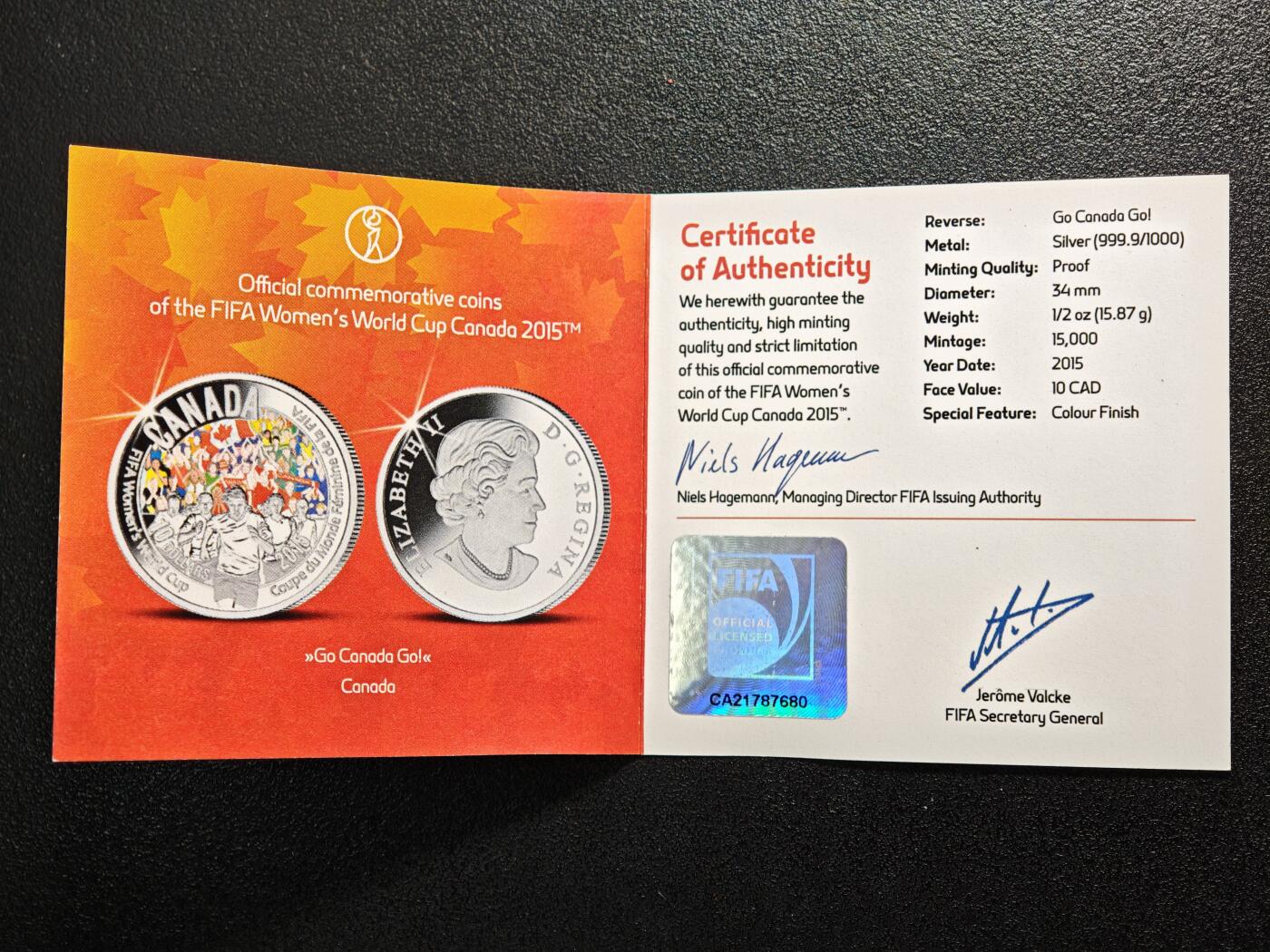 【德藏】世界币章拍卖第163期（拍品征集中~欢迎藏友联系） 2015年 加拿大女足世界杯系列-加油加拿大精制纪念银币 999银 原盒 带证书 直径约：34mm；重约：1/2盎司