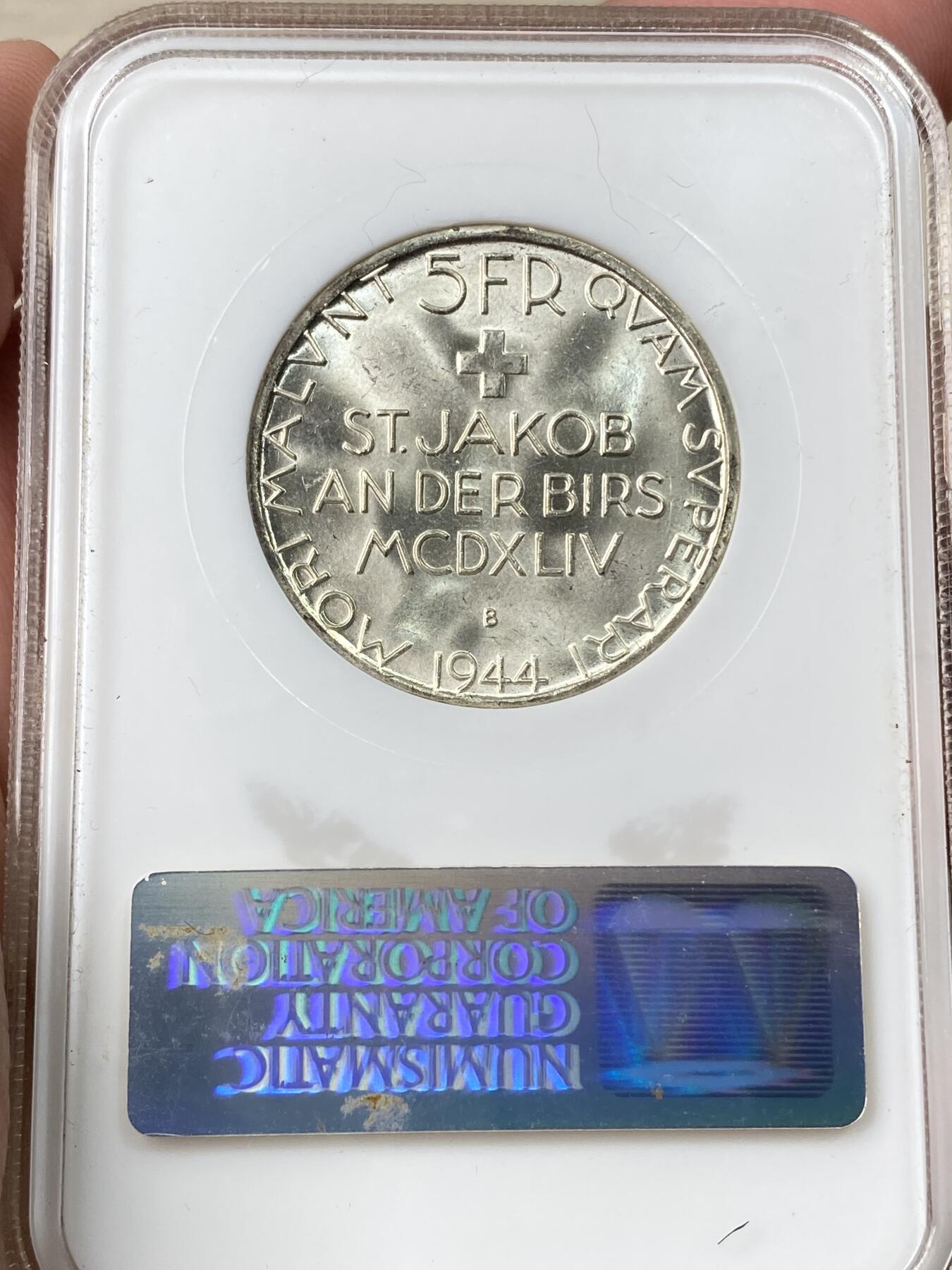 万国钱币拍卖第060期（万国六十期纪念大拍） NGC MS66 1944瑞士联邦纪念圣雅可布-安-德-比尔斯战役500周年5法郎银币 伯尔尼造币厂铸  发行量101680枚 银霜转光NGC老白盒GEM品质 