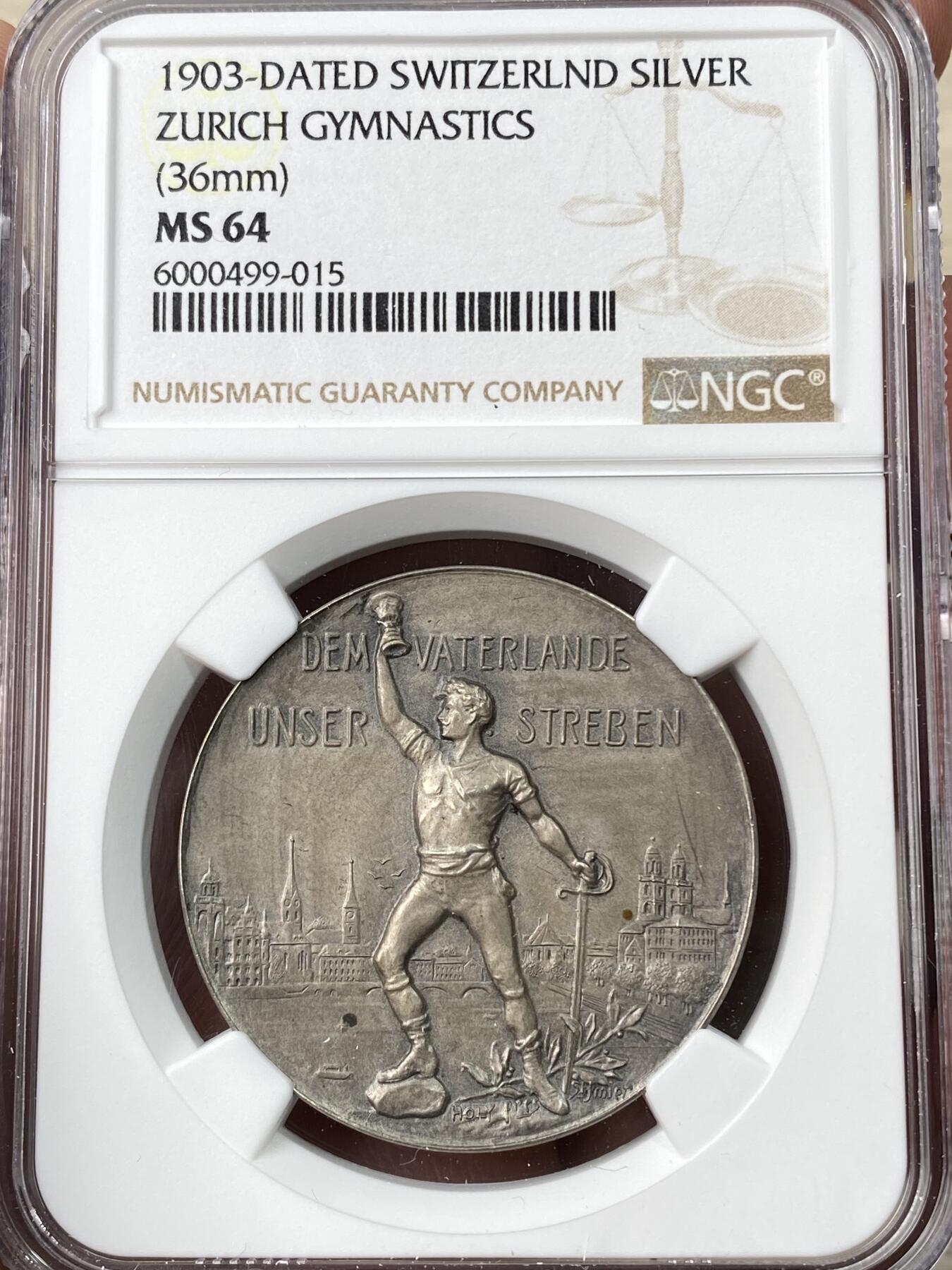 万国钱币拍卖第060期（万国六十期纪念大拍） NGC MS64 1903年瑞士苏黎世联邦体操节纪念银章 瑞士雄狮扶起苏黎世盾徽 正面运动健儿手持奖杯与宝剑为了祖国而奋斗 罕见品种