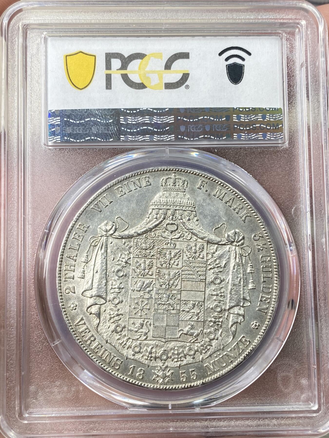 万国钱币拍卖第060期（万国六十期纪念大拍） PCGS AU53 1855德国普鲁士威廉四世流通纹章2泰勒 经典葱头2t 深打银霜底光极佳