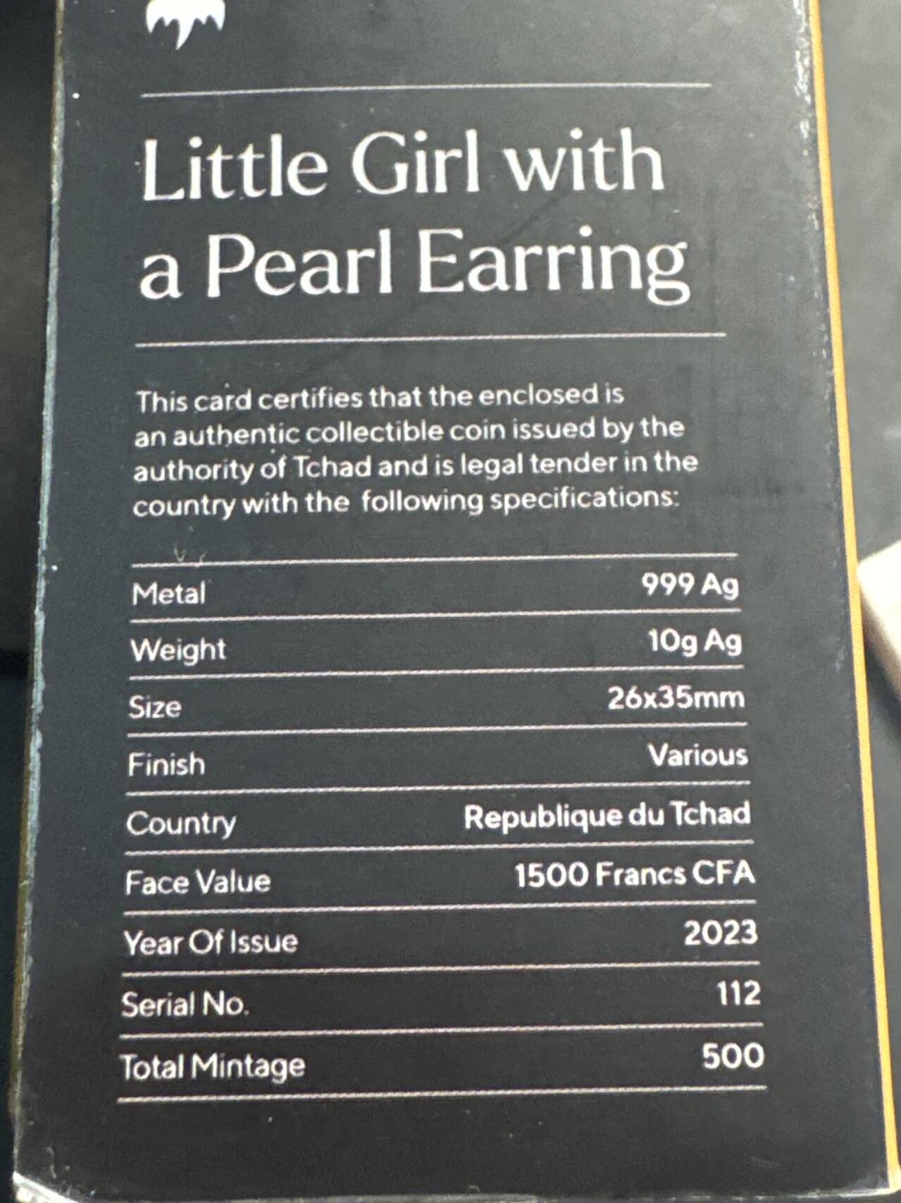 ❤️【币观天下】❤️ 第341期钱币拍卖- 2026.1.30周五晚上6点半场-长期征集拍品 春节前最后一场本场不能存放 节后恢复拍卖 乍得2023年卡通3D漫画戴珍珠项链的少女彩色异形银币10克（包装少个盖子）