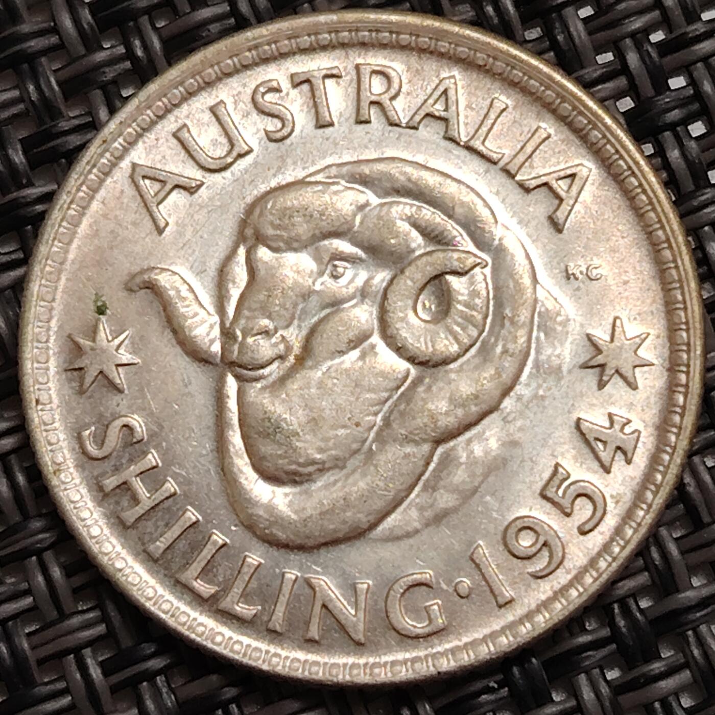 布加迪🐬～世界钱币(上海)🌾第 272 期 /  各国套币和散币 澳大利亚🇦🇺 1954年 1先令银币 5.7g 24mm 500银