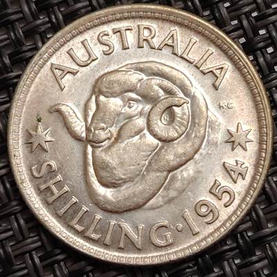 布加迪🐬～世界钱币(上海)🌾第 272 期 /  各国套币和散币 - 澳大利亚🇦🇺 1954年 1先令银币 5.7g 24mm 500银