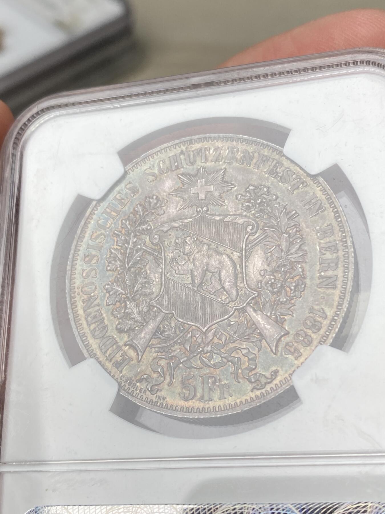 万国钱币拍卖第060期（万国六十期纪念大拍） NGC MS64 1885瑞士伯尔尼射击节5法郎银币 经典女武神与熊的设计 原味厚重五彩极美 NGC老盒收藏级品质