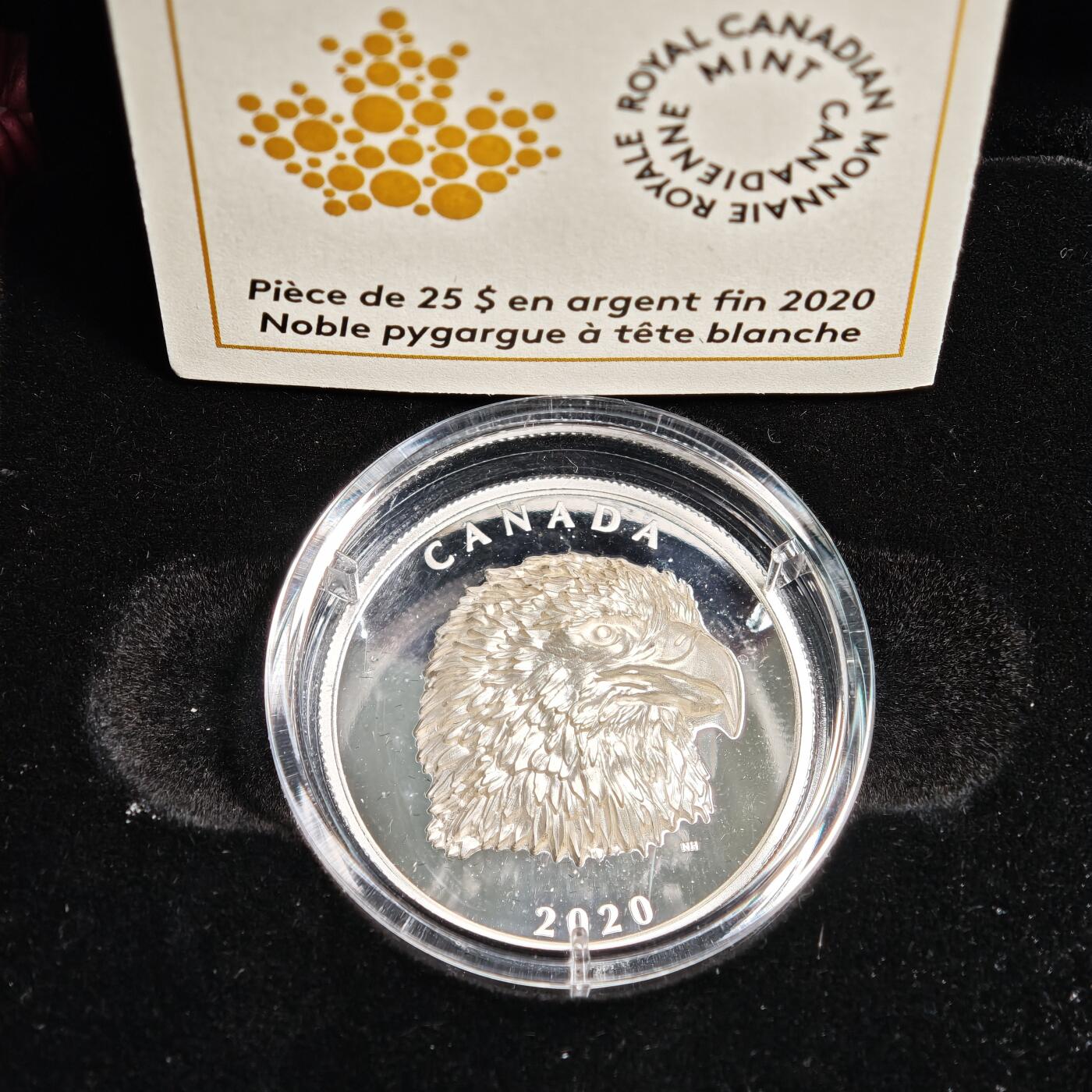 【德藏】世界币章拍卖第163期（拍品征集中~欢迎藏友联系） 2020年 加拿大秃鹰25元高浮雕精制纪念银币 成色999银 直径36mm 重量31.62g 原盒 原证书