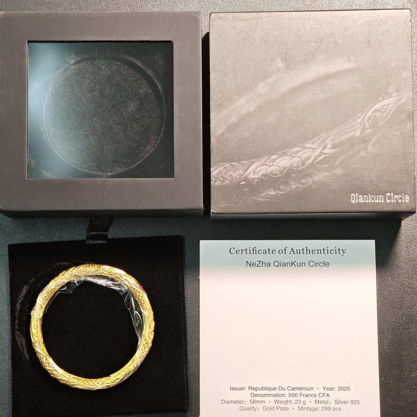【德藏】世界币章拍卖第163期（拍品征集中~欢迎藏友联系） 2025年 喀麦隆哪吒乾坤圈镀金镶嵌环形纪念银币 925银 原盒 带证书 直径约：58mm；重约：23g