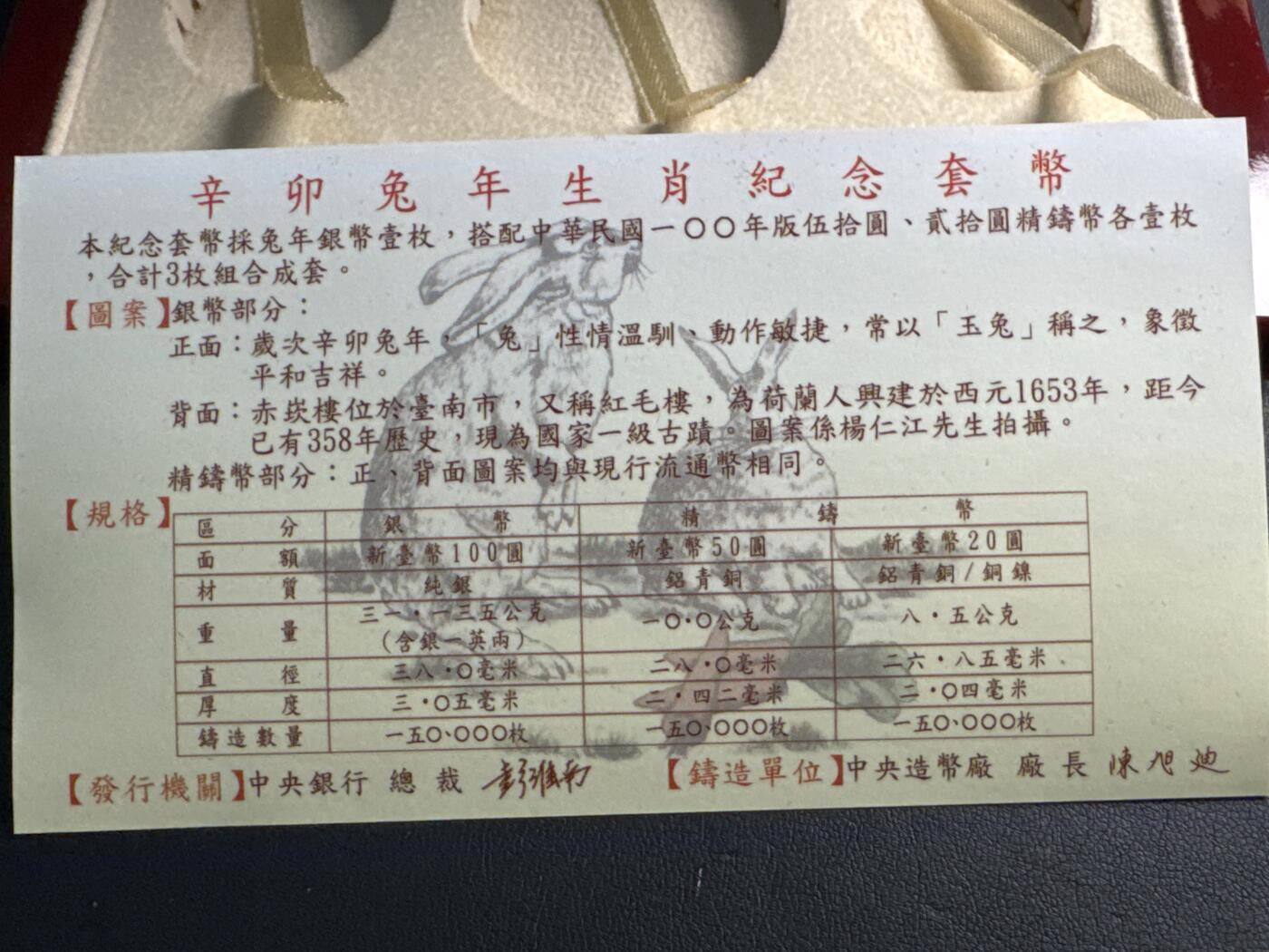 ❤️【币观天下】❤️ 第341期钱币拍卖- 2026.1.30周五晚上6点半场-长期征集拍品 春节前最后一场本场不能存放 节后恢复拍卖 中国台湾2011年第一轮生肖兔纪念纪念套币含31.2克银币一枚及两枚精制币