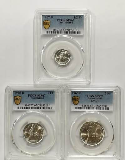 博洋堂世界钱币拍卖第159期（全场包邮） - PCGS MS67 瑞士1965-67年1/2法郎、1法郎、2法郎银币3枚一组