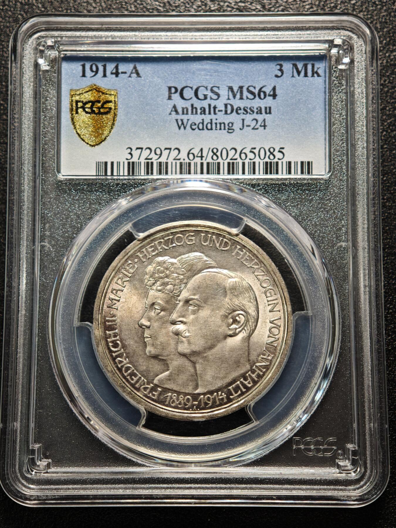 【德藏】世界币章拍卖第163期（拍品征集中~欢迎藏友联系） 1914年 德国安哈特-德绍公爵银婚3马克纪念银币 PCGS MS64 淡彩包浆 原光十足