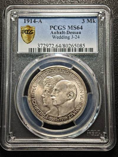 【德藏】世界币章拍卖第163期（拍品征集中~欢迎藏友联系） - 1914年 德国安哈特-德绍公爵银婚3马克纪念银币 PCGS MS64 淡彩包浆 原光十足