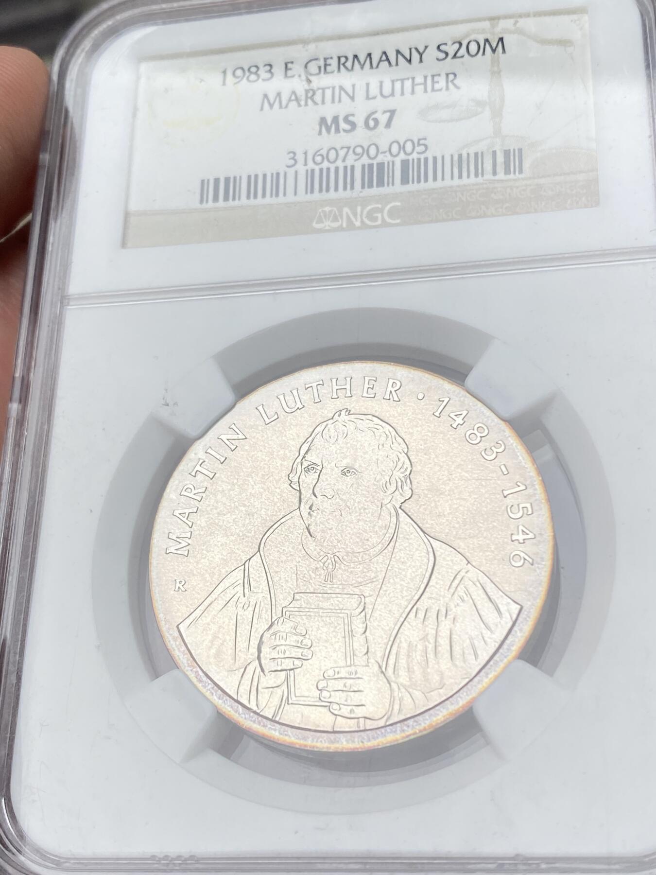 万国钱币拍卖第060期（万国六十期纪念大拍） NGC MS67 1983东德纪念马丁路德诞辰500周年20马克银币 最受欢迎的东德纪念品种 发行量45000枚 原味五彩GEM品质