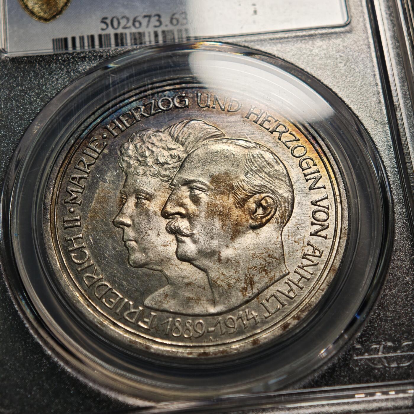 【德藏】世界币章拍卖第163期（拍品征集中~欢迎藏友联系） 914年 德国安哈特-德绍公爵银婚5马克纪念银币 发行量3万枚 PCGS MS63 五彩包浆 状态极佳