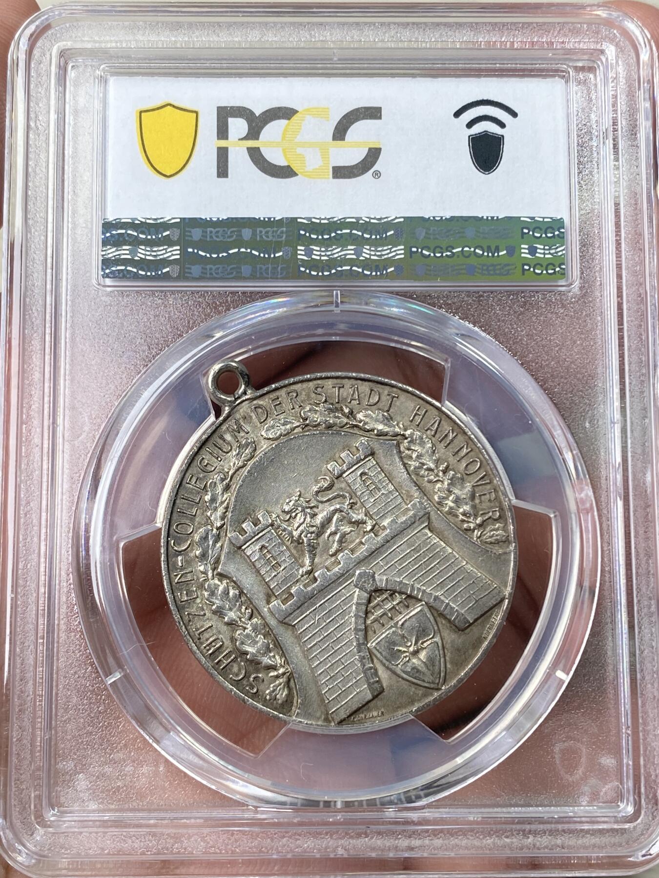 万国钱币拍卖第060期（万国六十期纪念大拍） PCGS MS62 1927年德国汉诺威射击节挂坠式银章 非常罕见品种 原味精铸磨砂质感