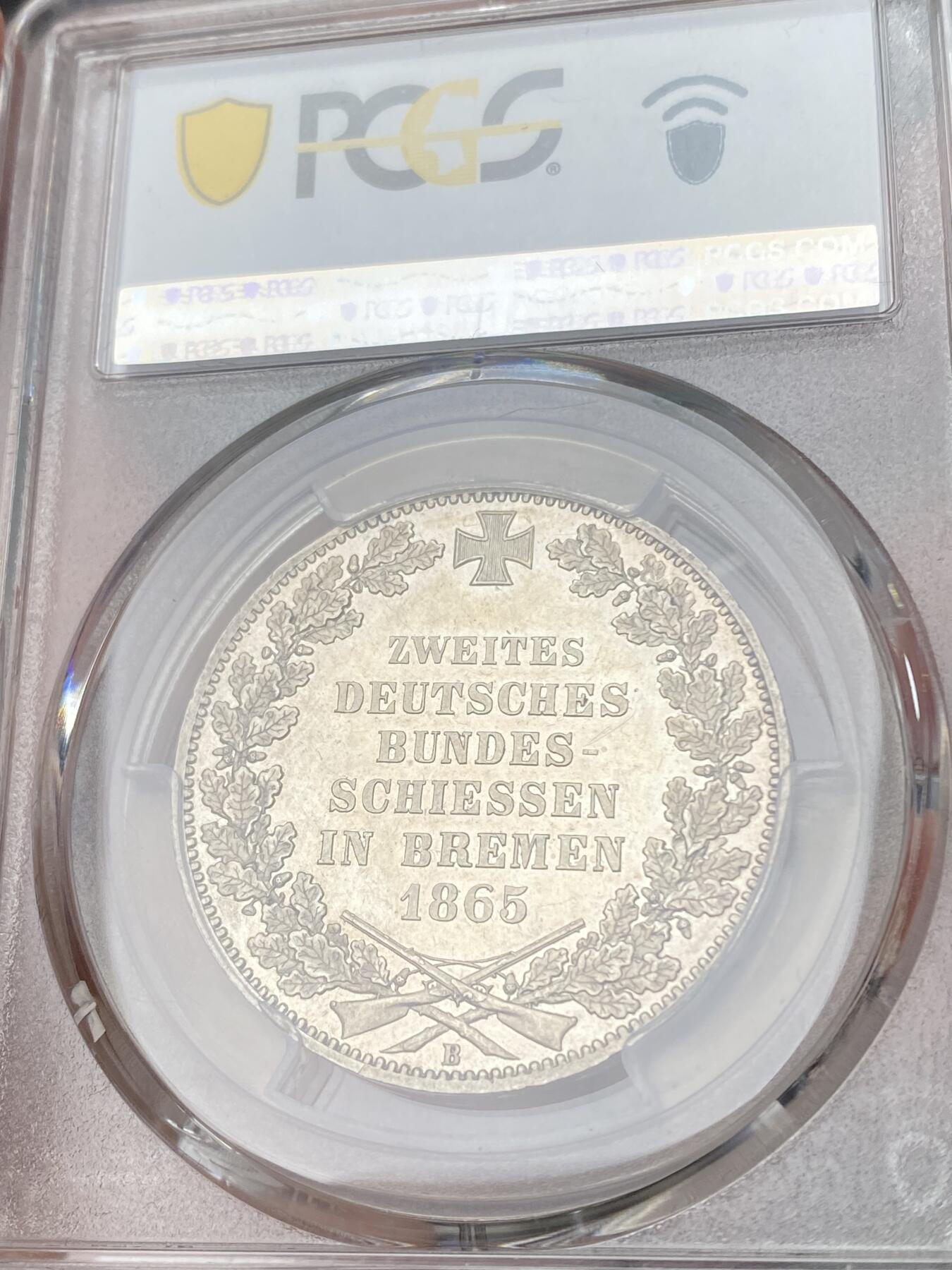 万国钱币拍卖第060期（万国六十期纪念大拍） PCGS MS63PL 1865德国不来梅自由市射击节泰勒 汉诺威厂铸造 顶级德式工艺 类镜面喷砂质感 PROOF LIKE难得