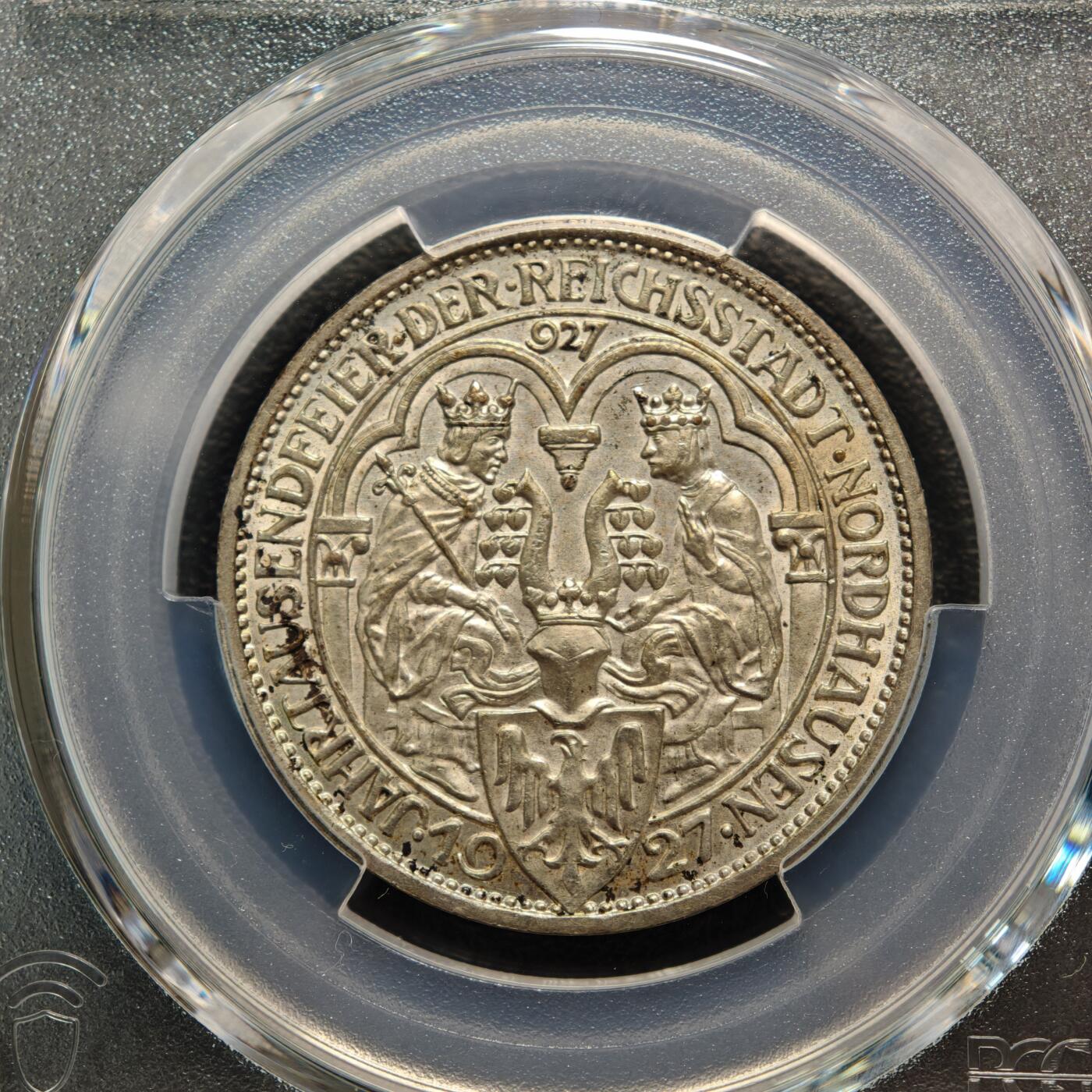 【德藏】世界币章拍卖第163期（拍品征集中~欢迎藏友联系） 1927年 德国魏玛诺德豪森建城千周年纪念3马克银币 PCGS MS63 稀少品种 淡黄油包浆