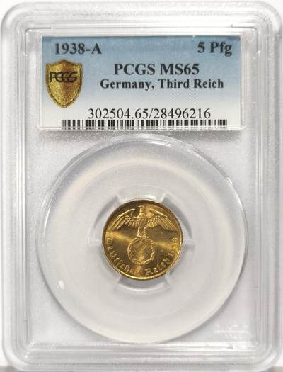 博洋堂世界钱币拍卖第162期（全场包邮） - PCGS MS65 德国第三帝国1938年A版5芬尼铜币，车轮转光，仅有6枚更高分