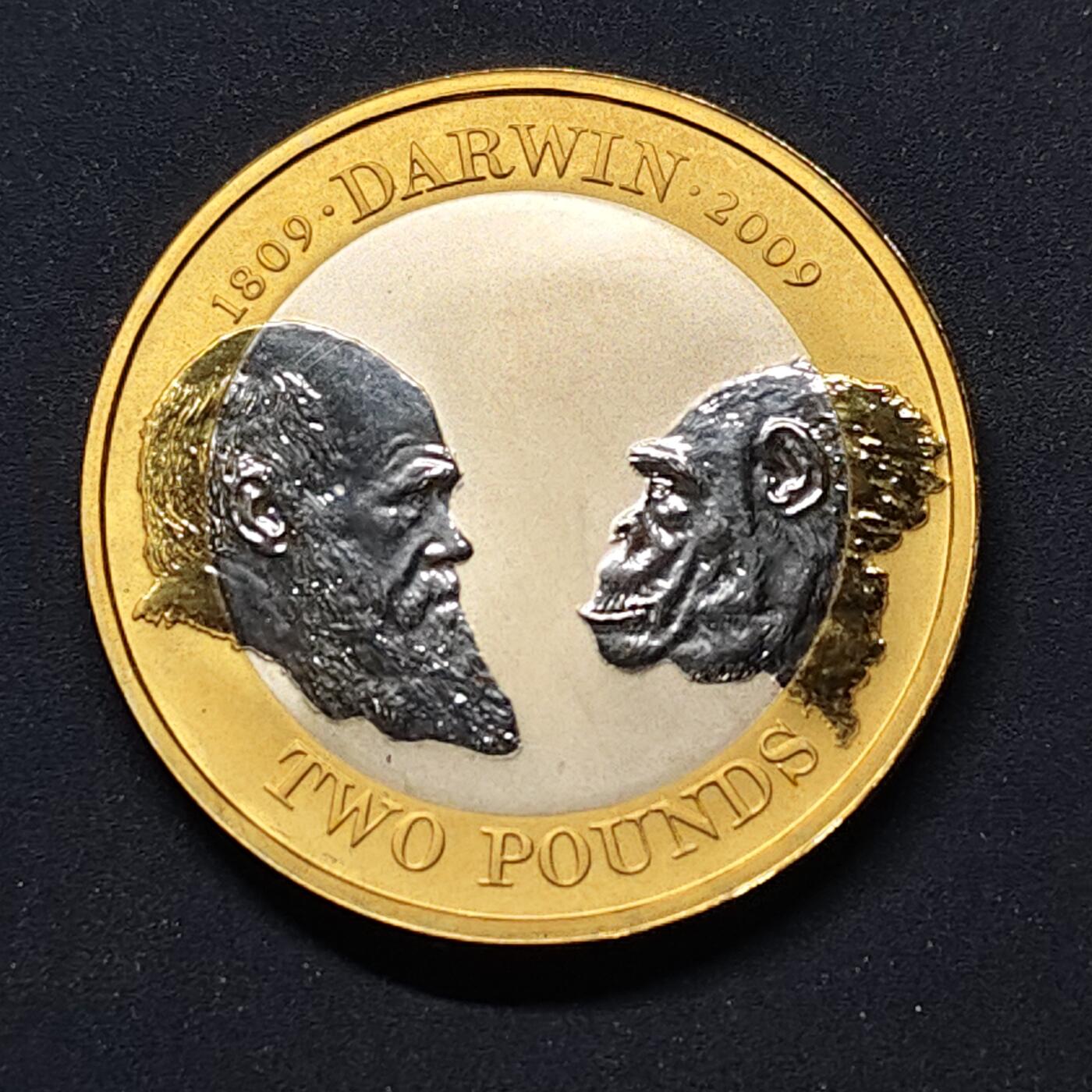 【全场包邮】纯粹捡漏拍499场-持续更新中 【少见】英国2009年2镑达尔文《物种起源》发行150周年精制外圈镀金纪念银币【28.4毫米12克92.5%，纯银价约311元（按28元银价估算）】-盒证全-量5000
