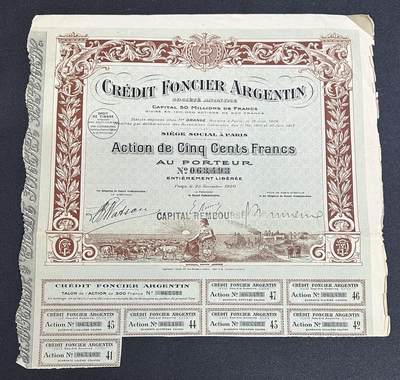 西秦中古拍卖第七十四期 - 法国1920年阿根廷土地信贷500法郎股票 非常稀少