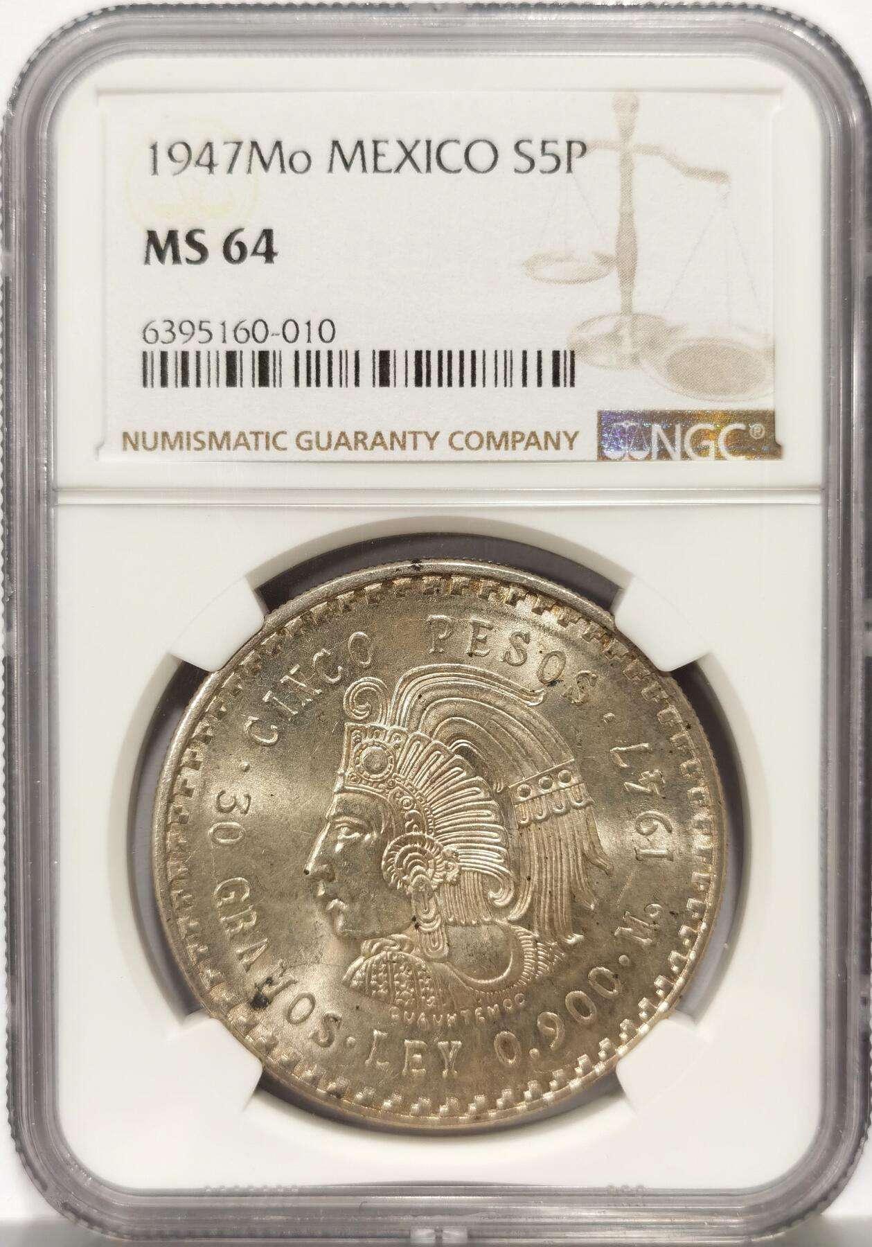博洋堂世界钱币拍卖第159期（全场包邮） NGC MS64 墨西哥1947年酋长头像5比索大银名誉品，比1948年少一个0的发行量！高分极少