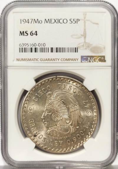 博洋堂世界钱币拍卖第159期（全场包邮） - NGC MS64 墨西哥1947年酋长头像5比索大银名誉品，比1948年少一个0的发行量！高分极少